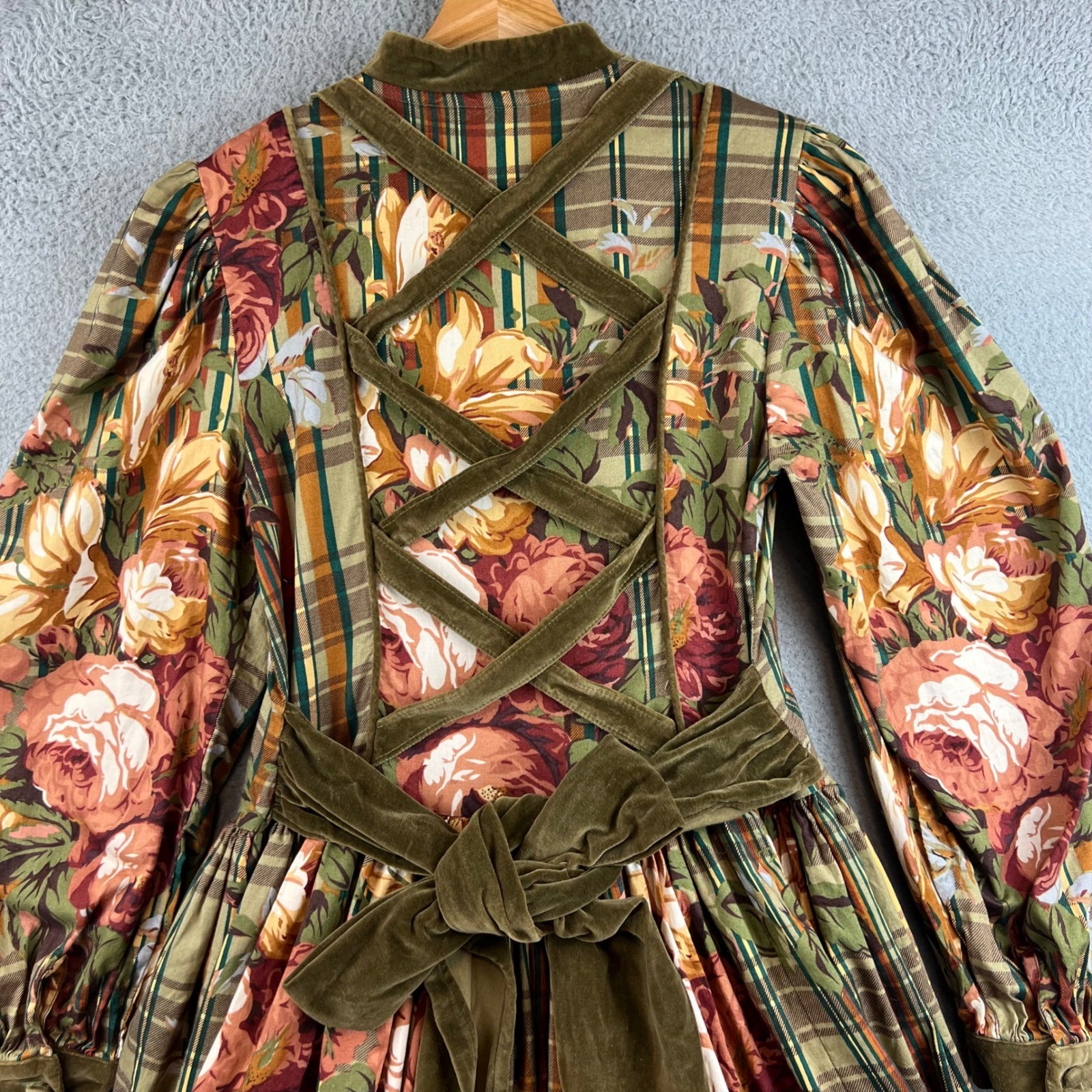 VTG Françoise Bouthillier Floral Plaid Dress Green Velvet Trim Midi Victorian