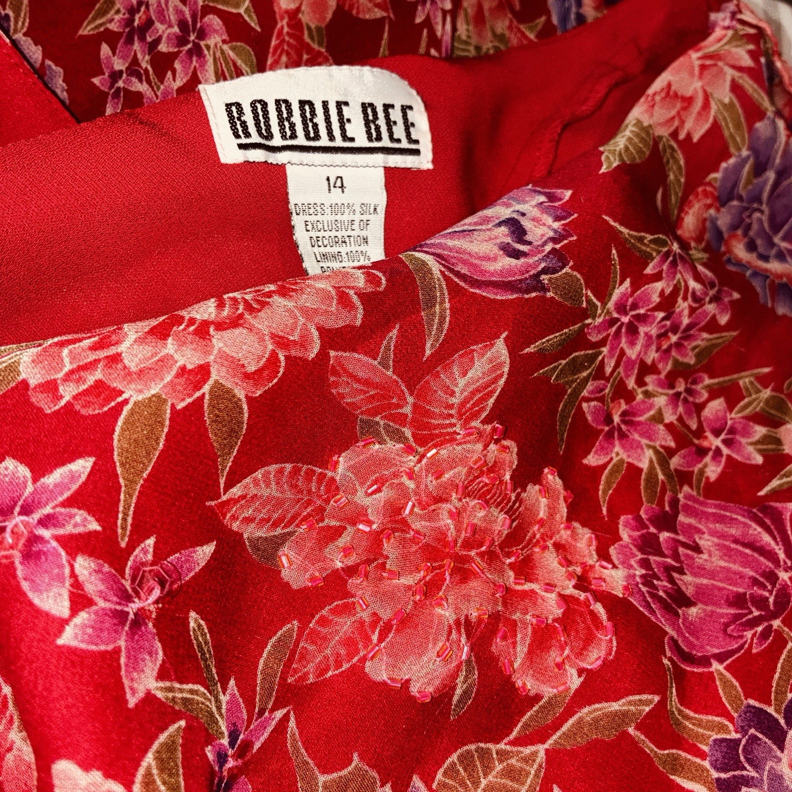 VTG Robbie Bee 100% Silk Red Floral Midi Slip Dress Fairy Chiffon Women’s 14