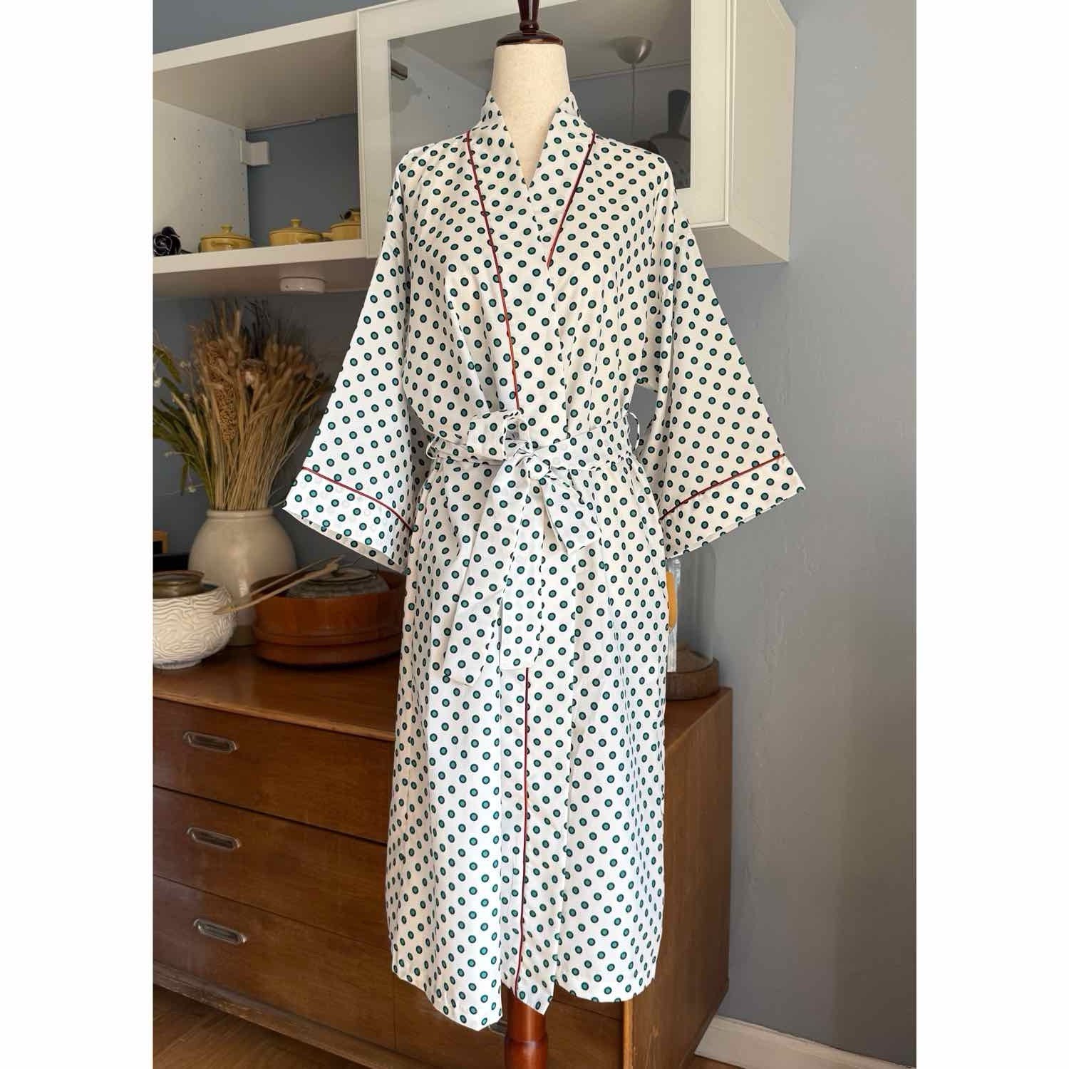 70s 80s Vintage David Brown Boutique Robe Dressing Gown Sz XS Polka Dot
