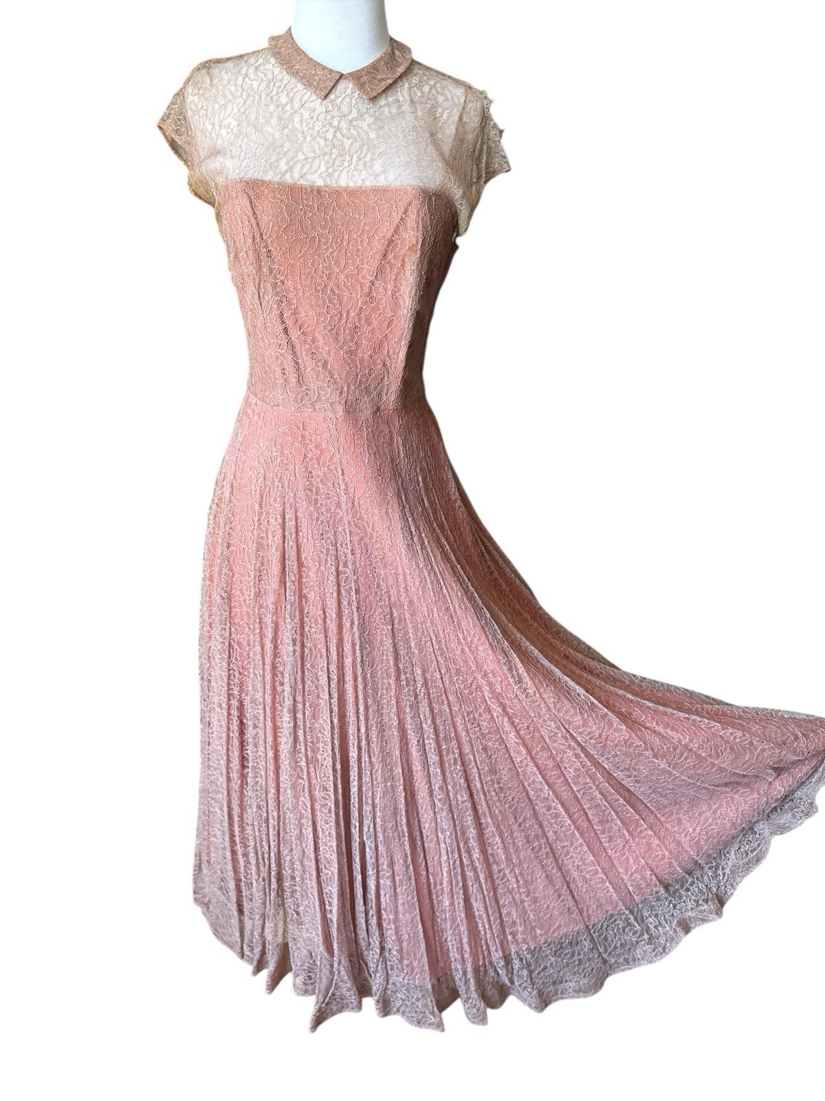 Vintage 40’s Ceil Chapman Lace Gown Peach Brown Copper 24” Waist Midi Sz 4