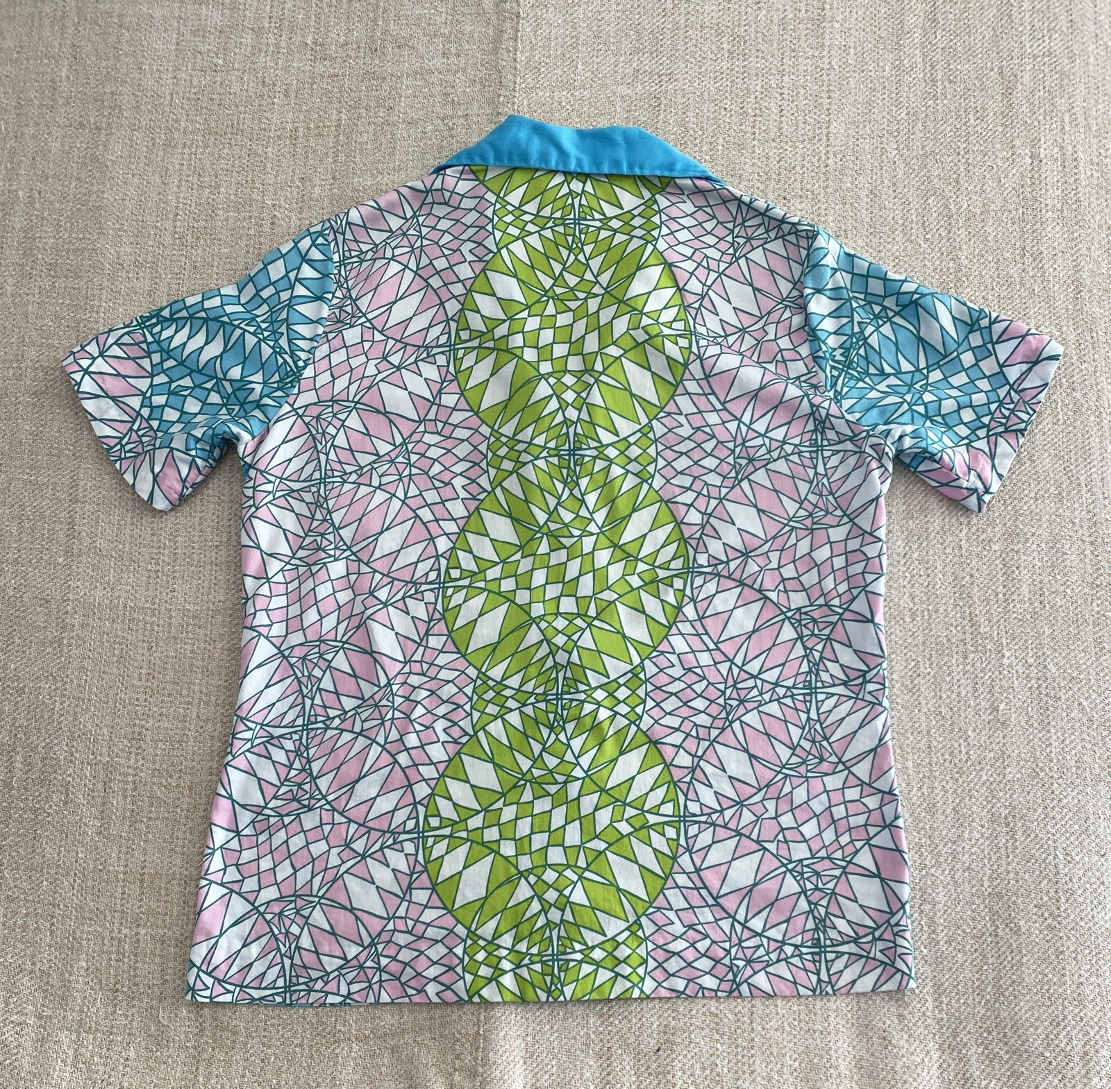 Vintage Short Sleeve Button Down Shirt Geometric Pattern Cotton