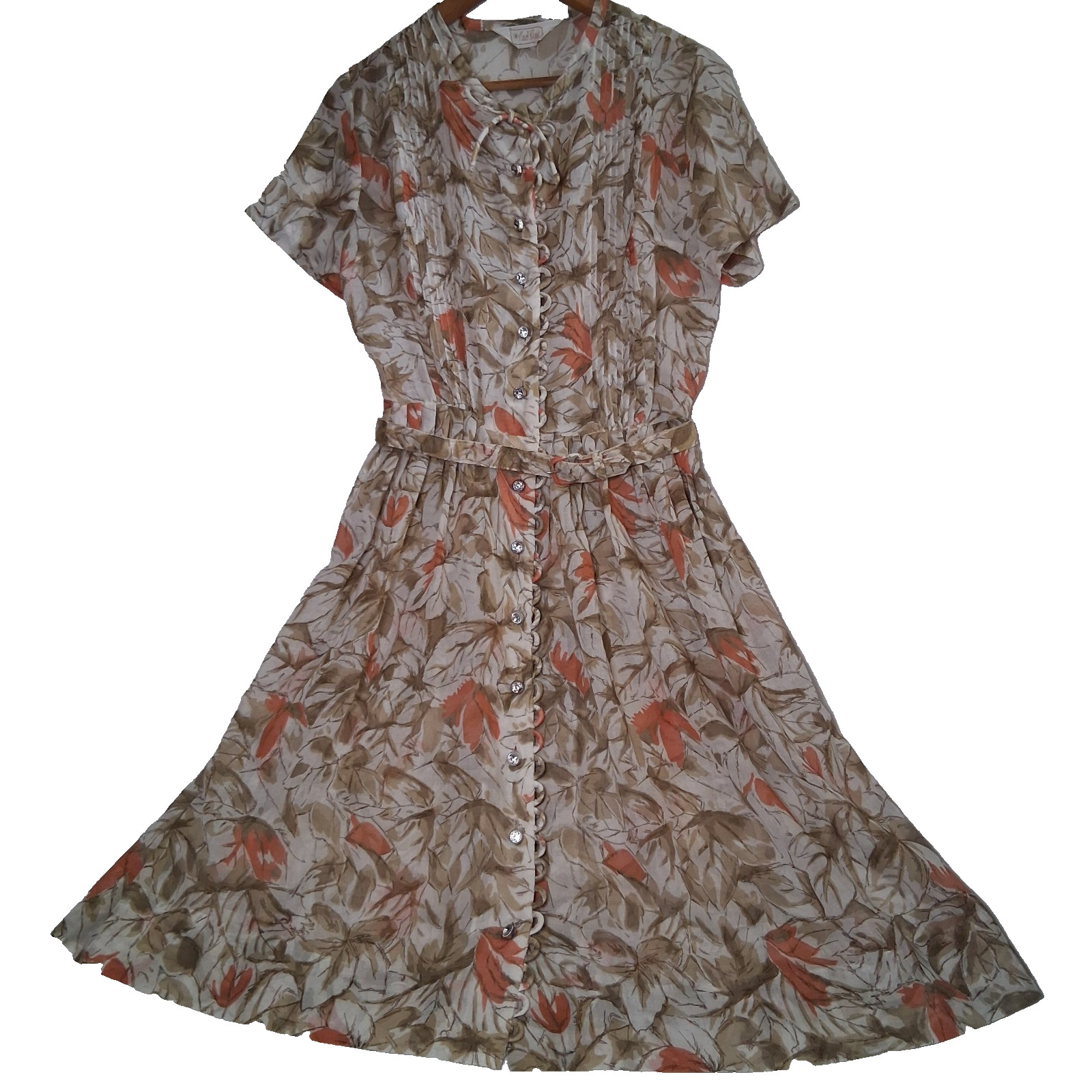 Vintage 1950s Carol Brent Dress Small Tan Orange Floral Rhinestone Button Belted