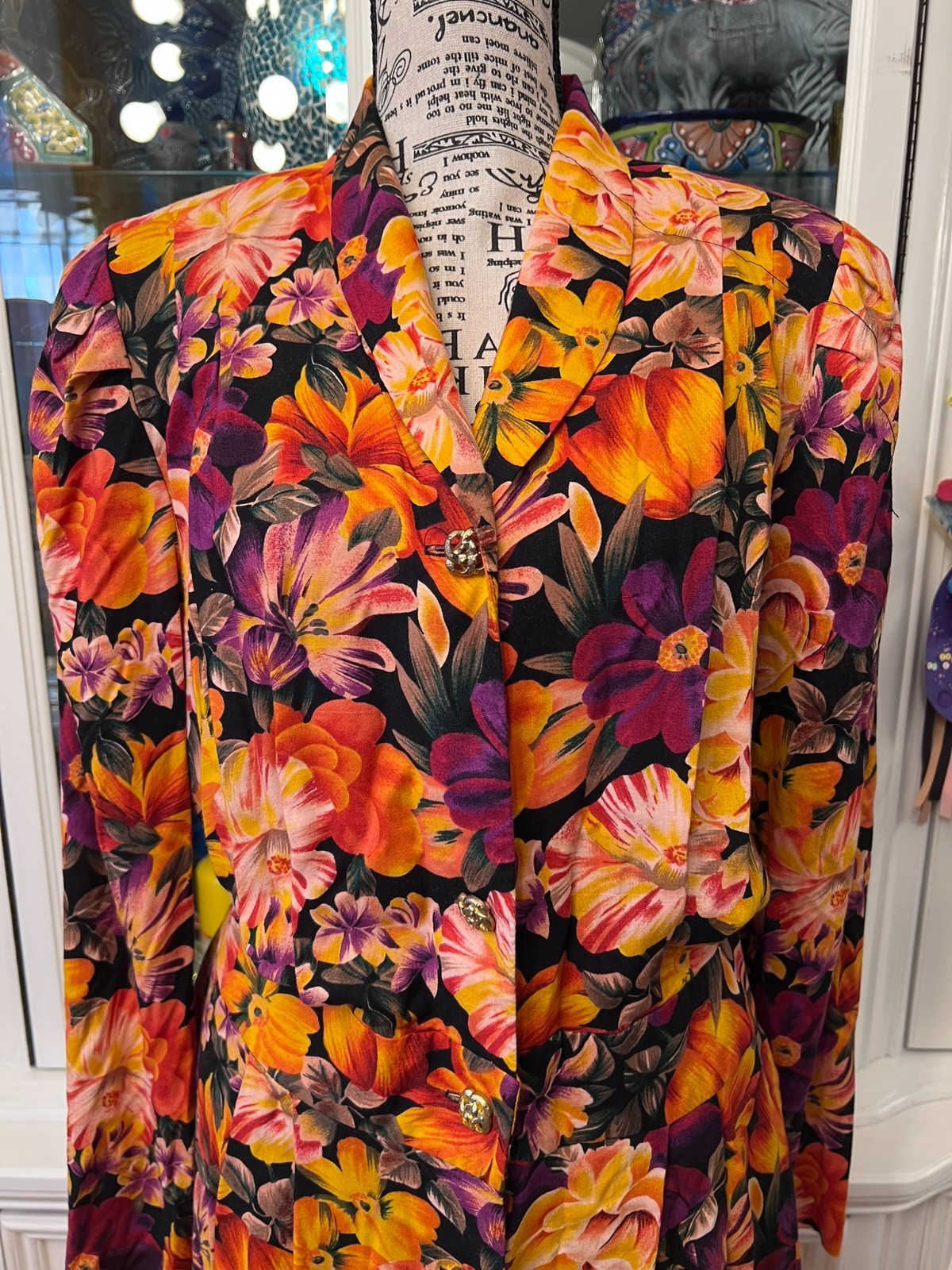 Vintage Special Effects Orange Floral Long Sleeve Dress Size 10, fits M or 6-8