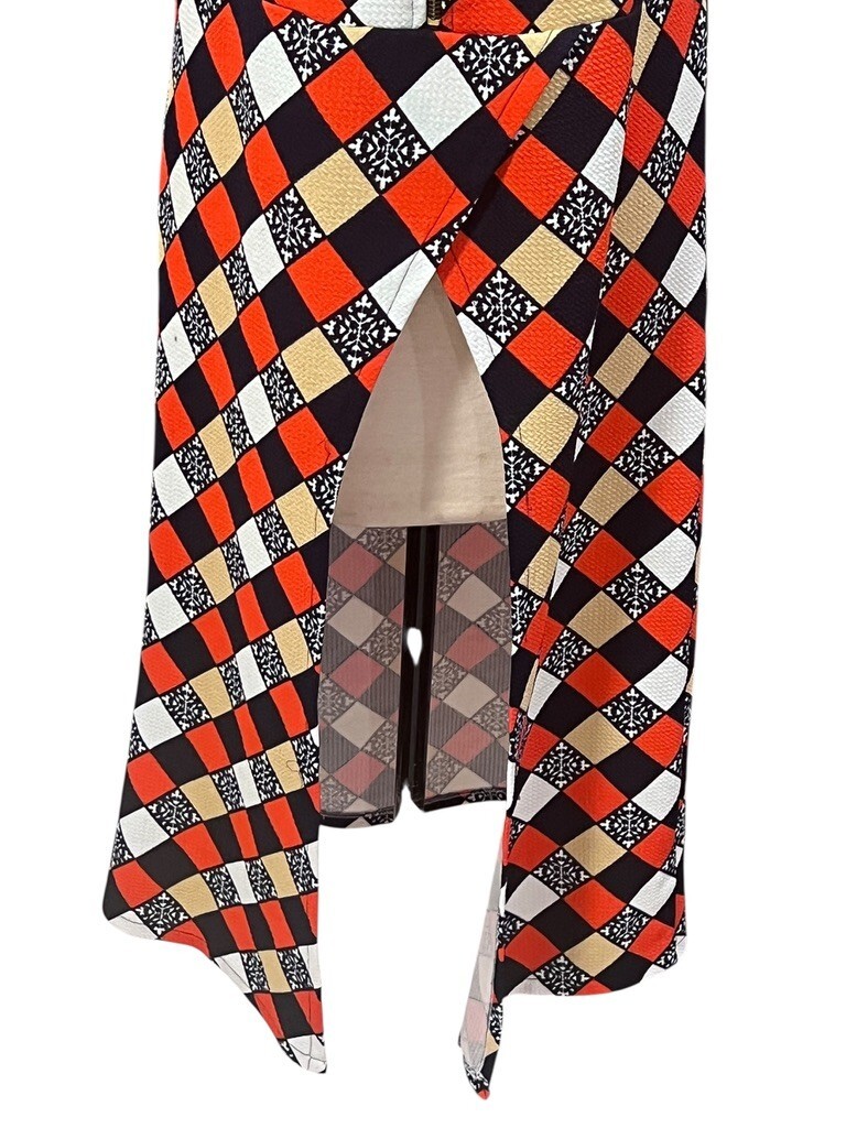 Vtg 70s Blue Orange White Motif Diamond Print Sleeveless Maxi Dress Groovy Cat