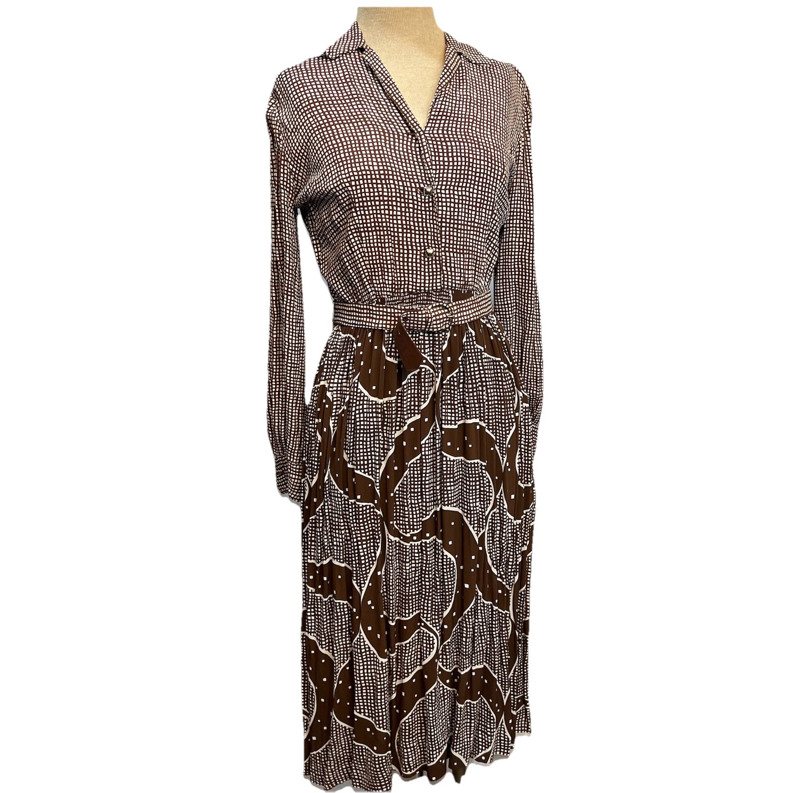 Vintage 1950s L’Aiglon Brown & White Fit & Flare Pleated Dress Retro Button Belt