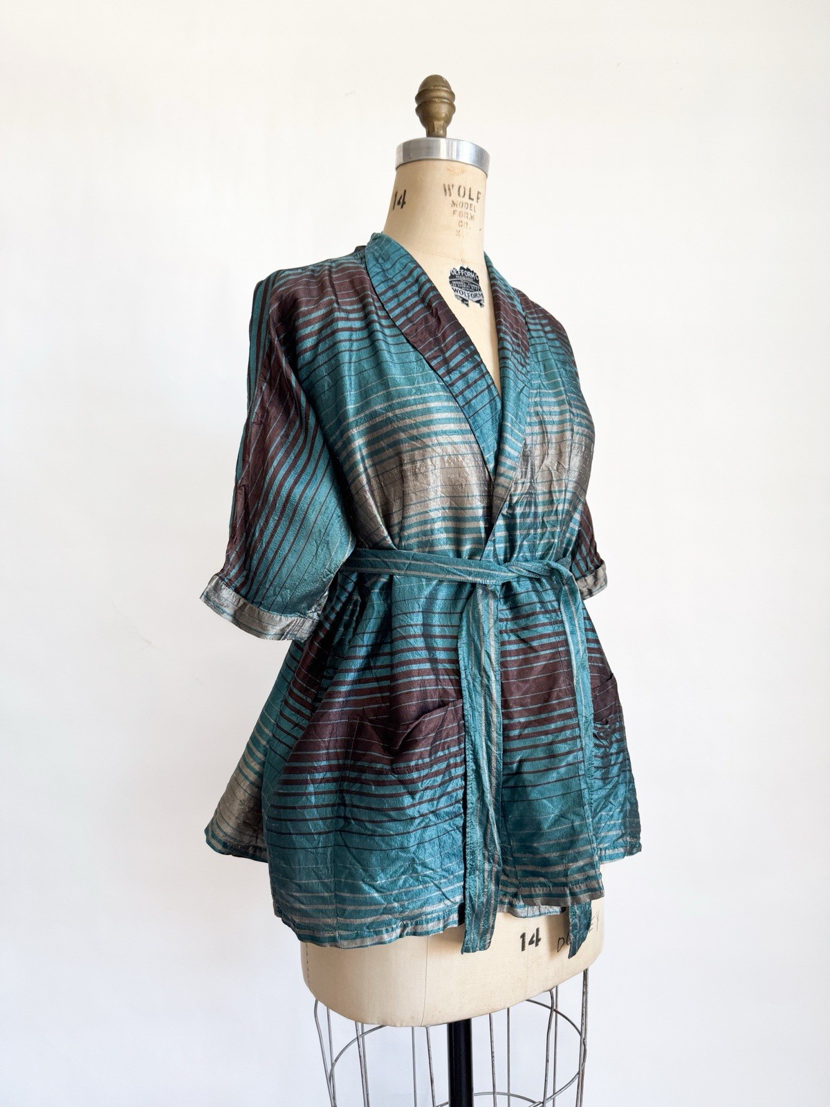 Vintage 1950s Striped Silk Wrap Top Belted Shirt Silk Teal Copper Tommies M L