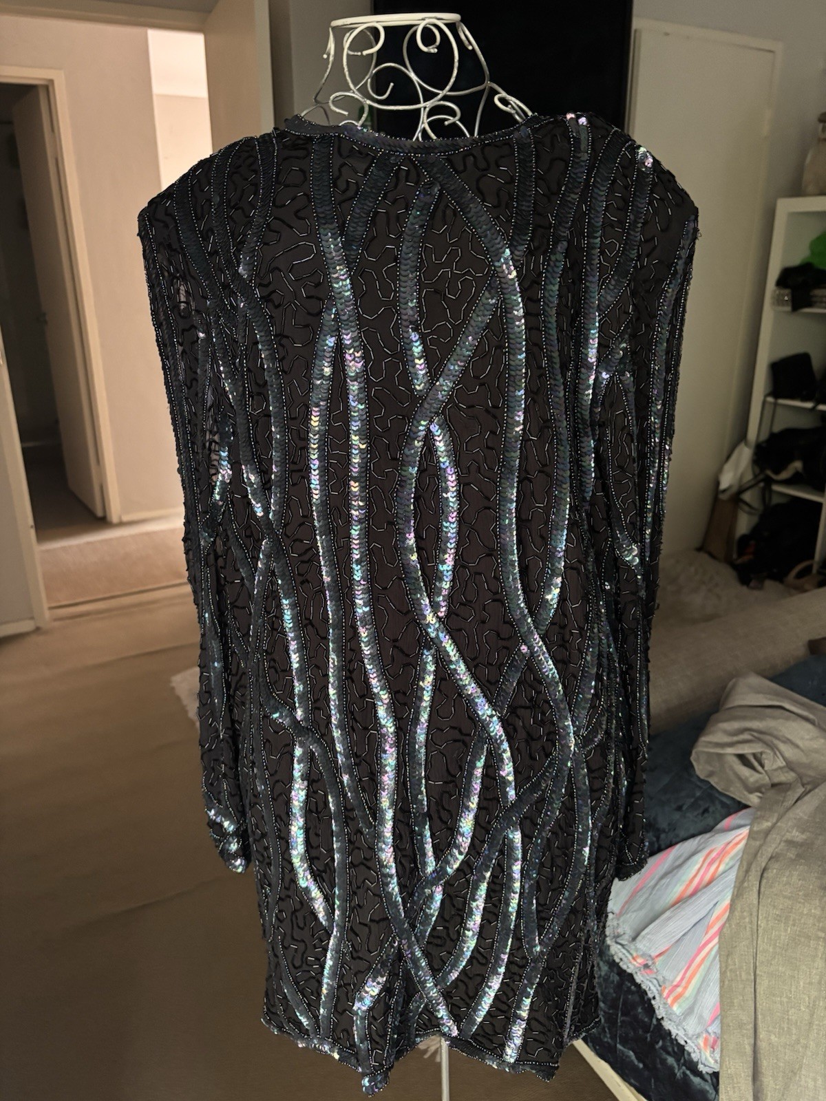 Vintage FRANK USHER Silk Sequin & Beadwork Black Mini Dress M 10-12