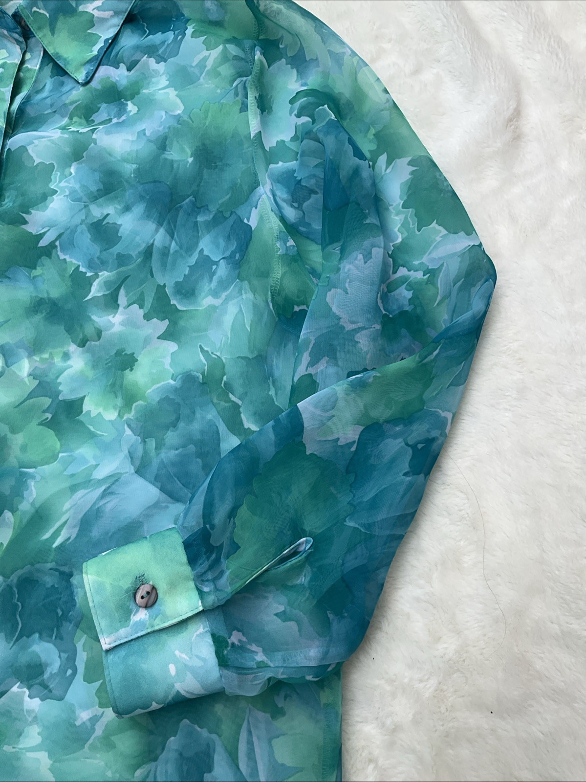 Vintage Lighthouse Point Coastal Grandma Sheer Floral Blouse Button-Up Sz L