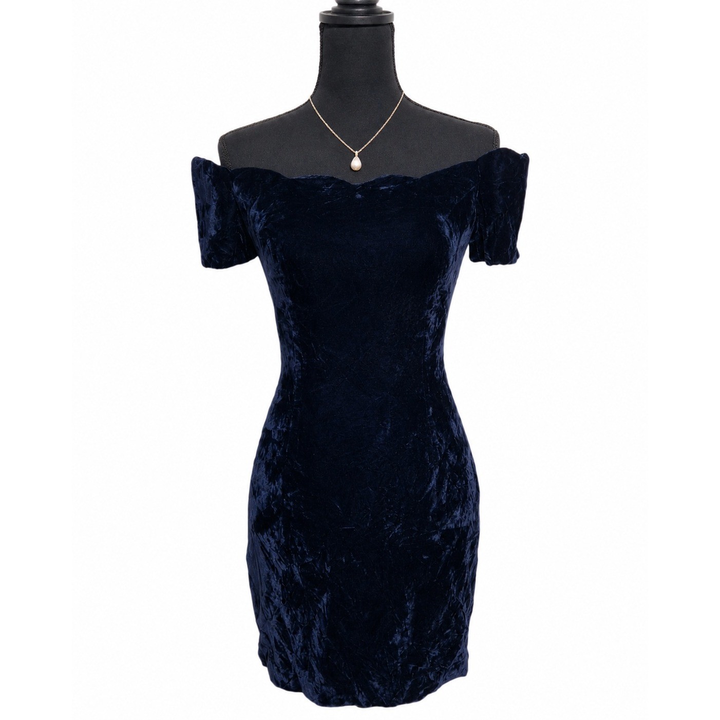 Roberta Vintage Navy Blue Crushed Velvet Off Shoulder Mini Dress Scalloped Neck