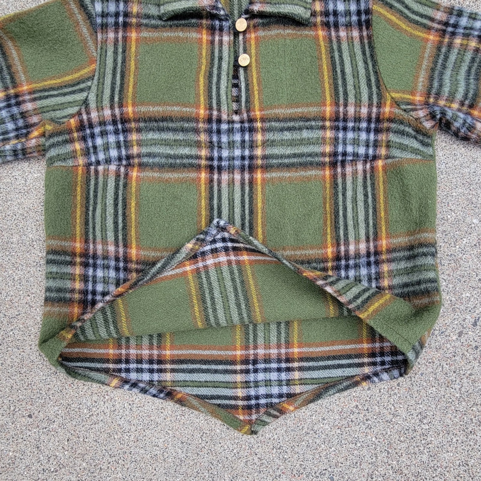 Vintage 50s 60s Brent 100% Wool Loop and Button Olive Plaid Pointed Hem Pullover