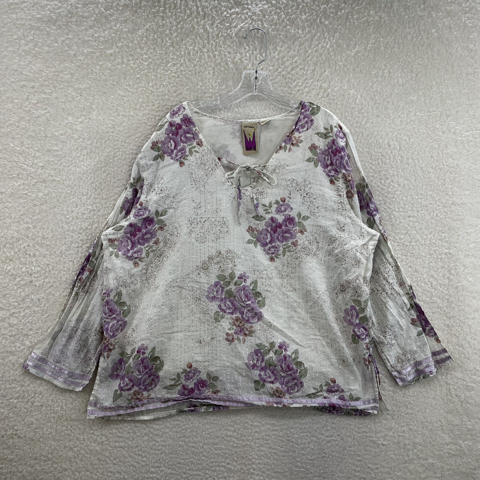 Y2K Vintage Top 2X Plus Size White Purple Floral Boho Bohemian Fairy Grunge