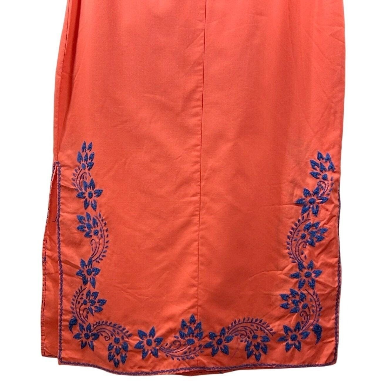 Wms Vintage Kaftan Maxi Dress Coral Blue Floral Embroidered Boho Unbranded