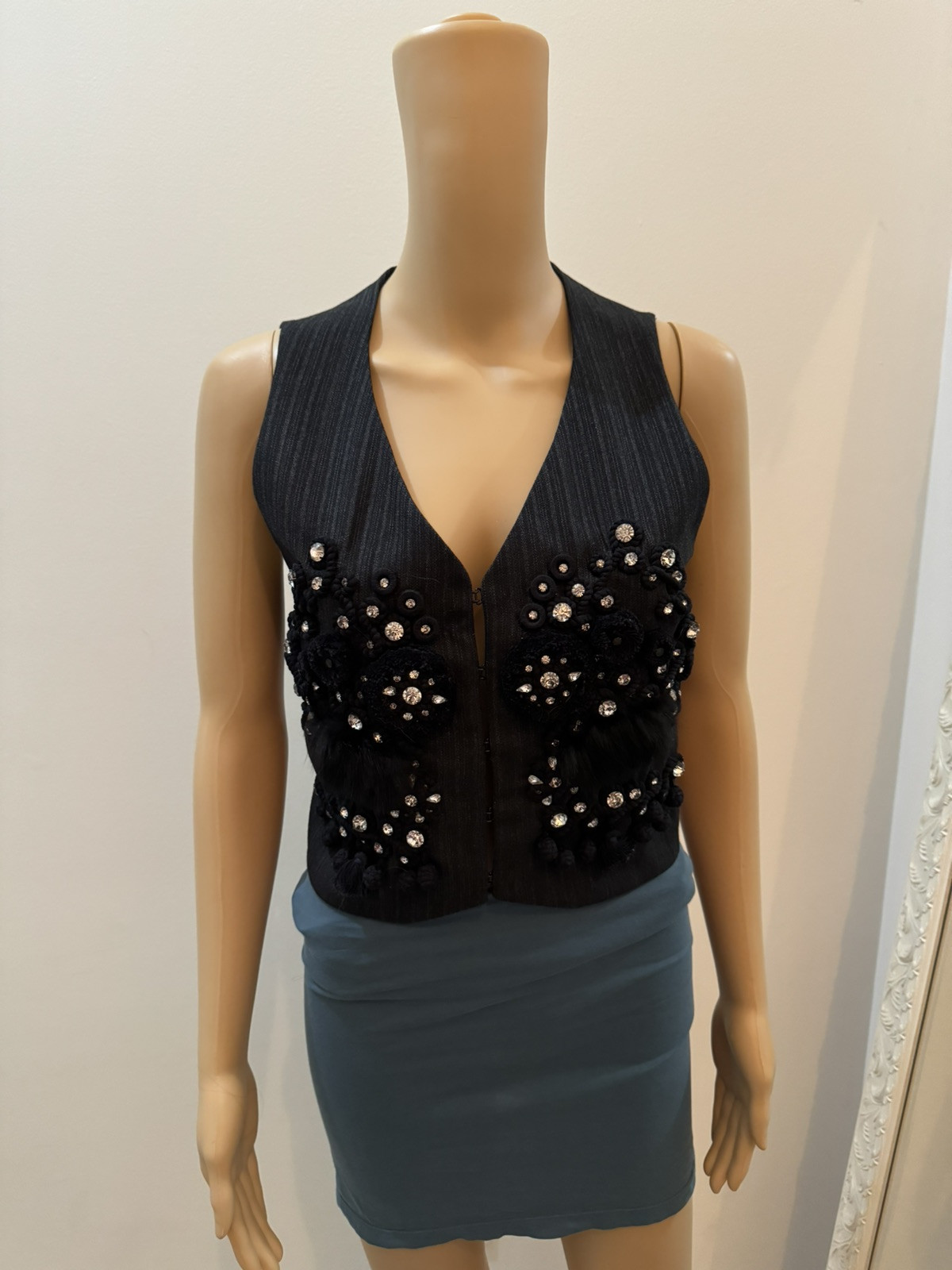 Vintage Chloe Rhinestone And Fur Embellished Wool Vest Size 36