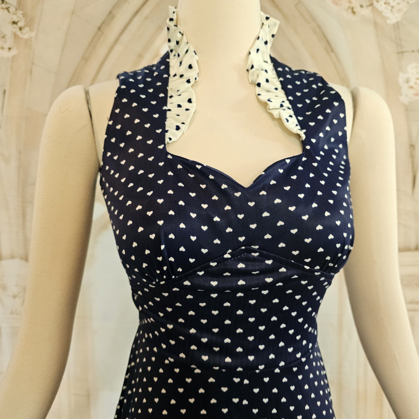Vintage 1970s Dress Navy Blue White Hearts Ruffle Sweetheart Neckline Maxi
