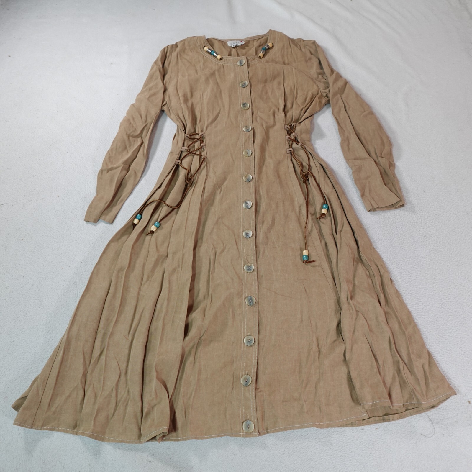 Vintage Scarlett Dress Womens Small Beige Aztec Beaded Embellishment Cottagecore