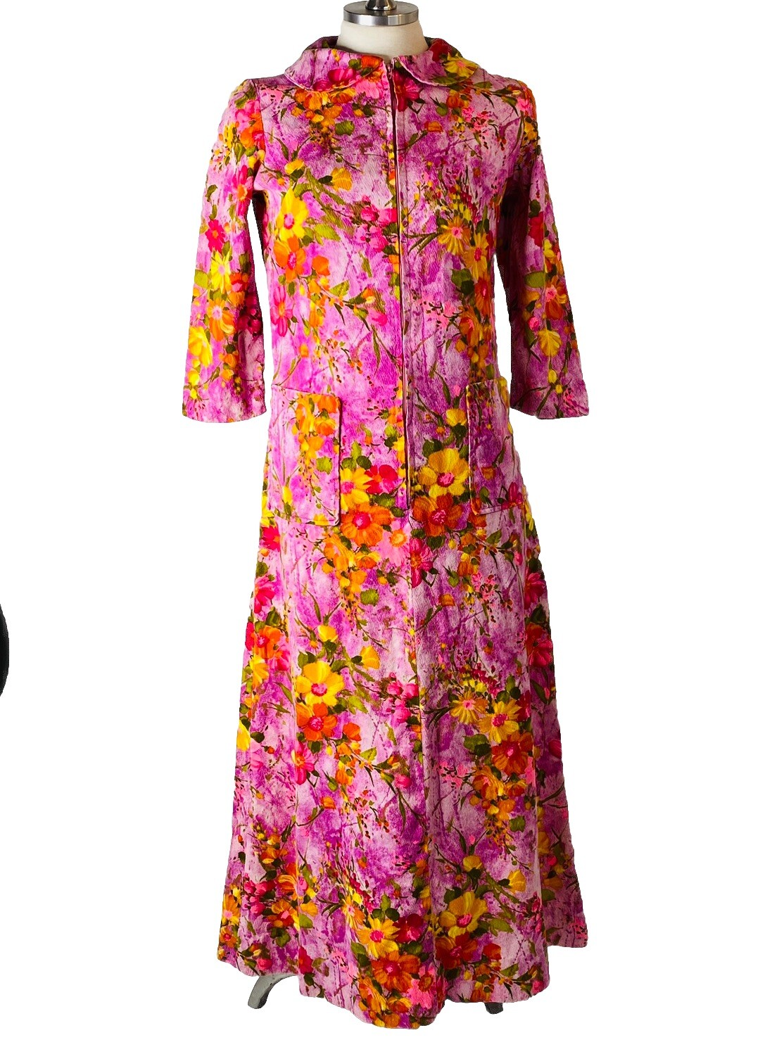Vtg 60s 70s Midi Dress sz S Purple Floral 3/4 Sleeves Pockets Handmade Unbranded