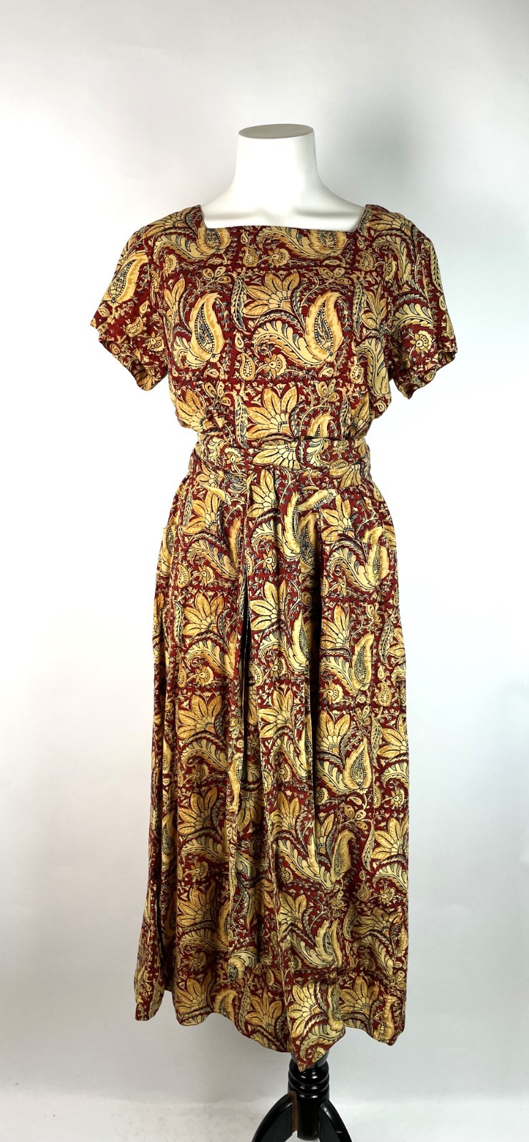 VTG 90s Red Indian cotton dress Foulard print ethnic Bohemian Waist Tie M/L