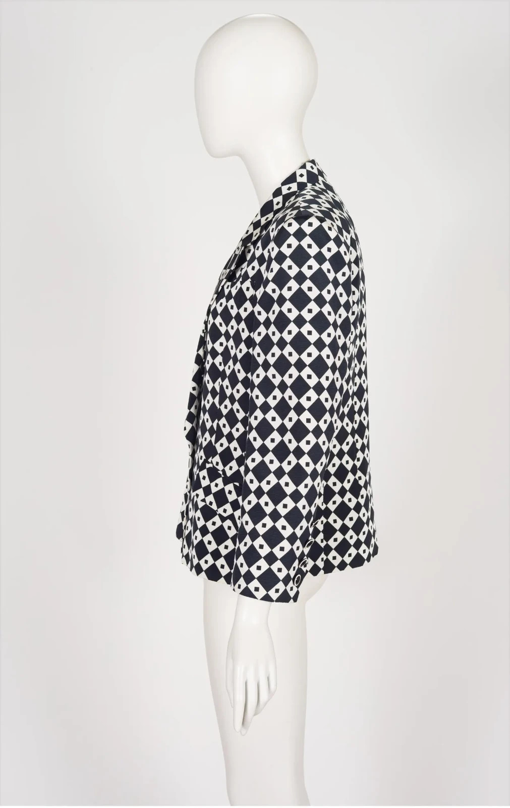 Antonette 1980s Black White Geometric Op-Art Print Faille Vintage Blazer Jacket