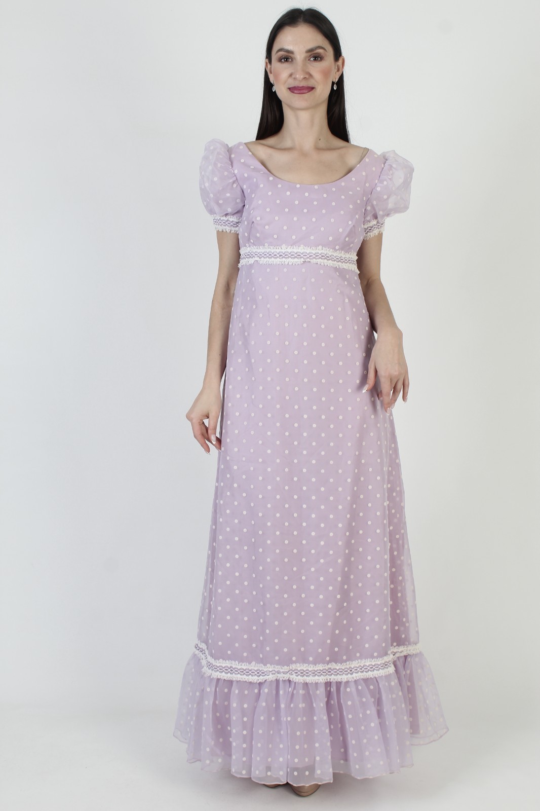 Vtg Violet High Waist Dress Wht Polka Dot Victorian Prairie Evening Prom Gown