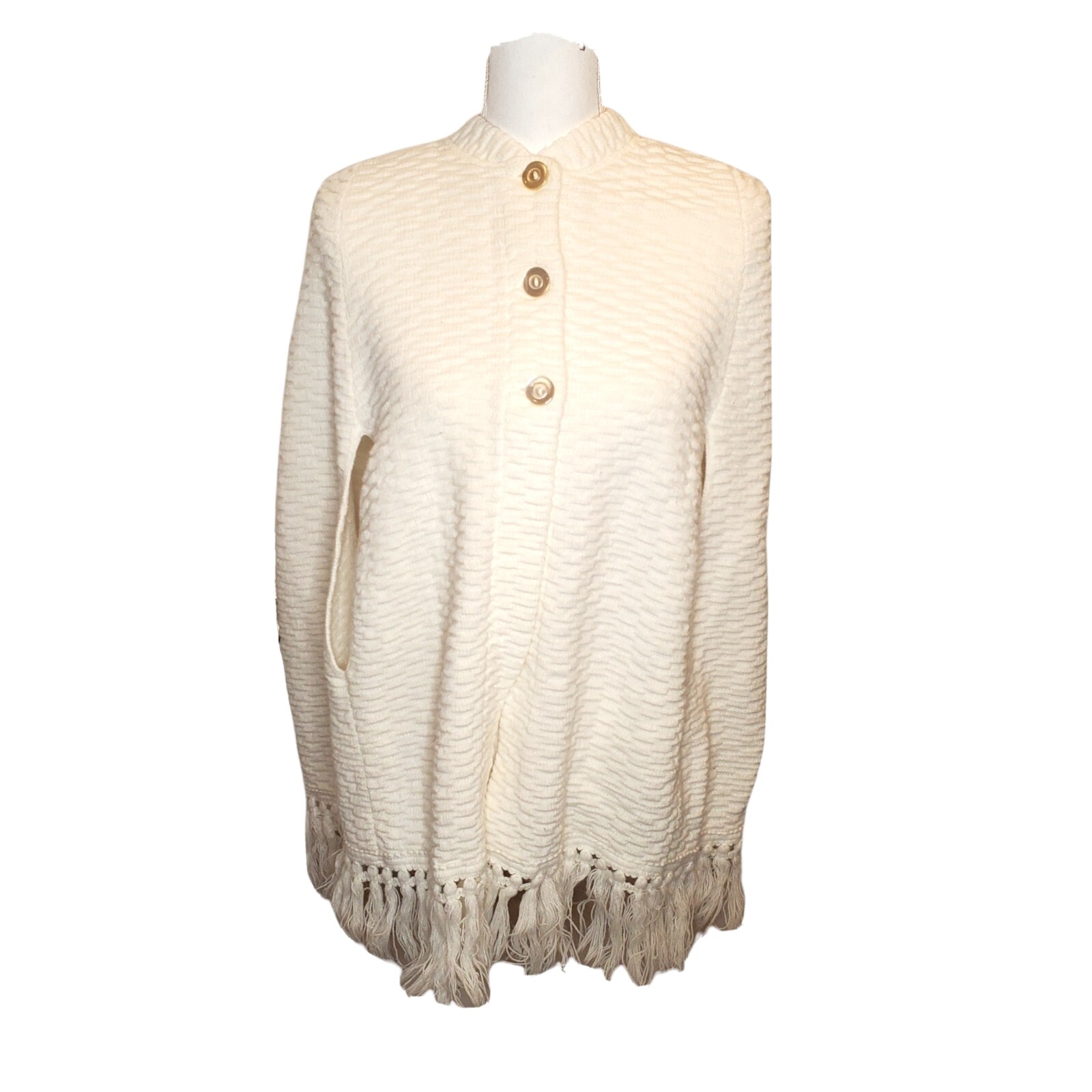 60s Boho Knit White Poncho Cape Shawl Cardigan Fringe Acrylic S/M Textured