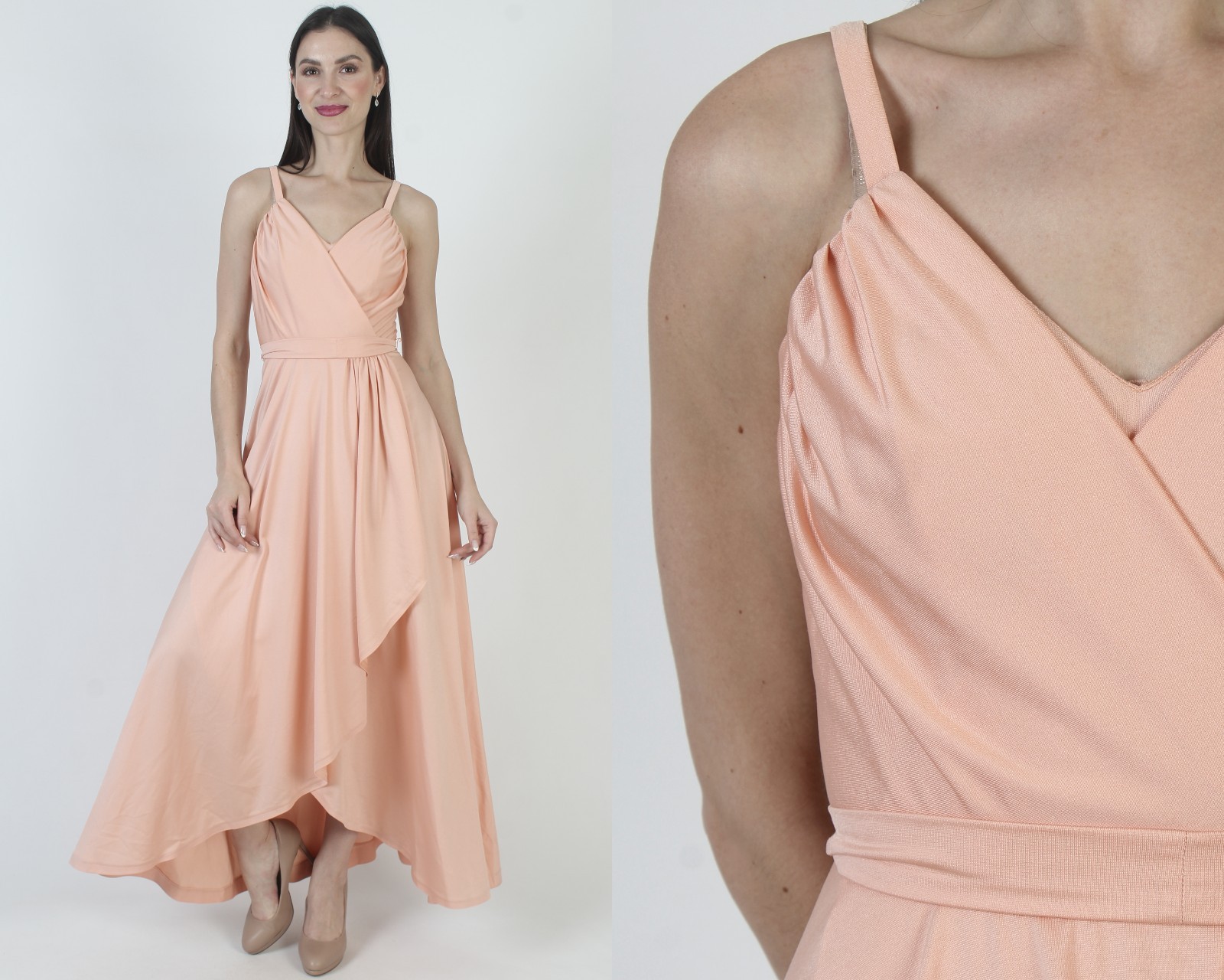 Vtg 70s Peach Grecian Goddess Dress Asymmetrical Hi Low Toga Party Boho Sundress