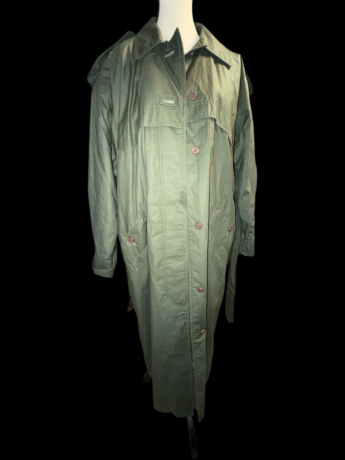 Fox Run Olive Green Lined Belted Trench Coat 1980’s Eco Aesthetic Womens