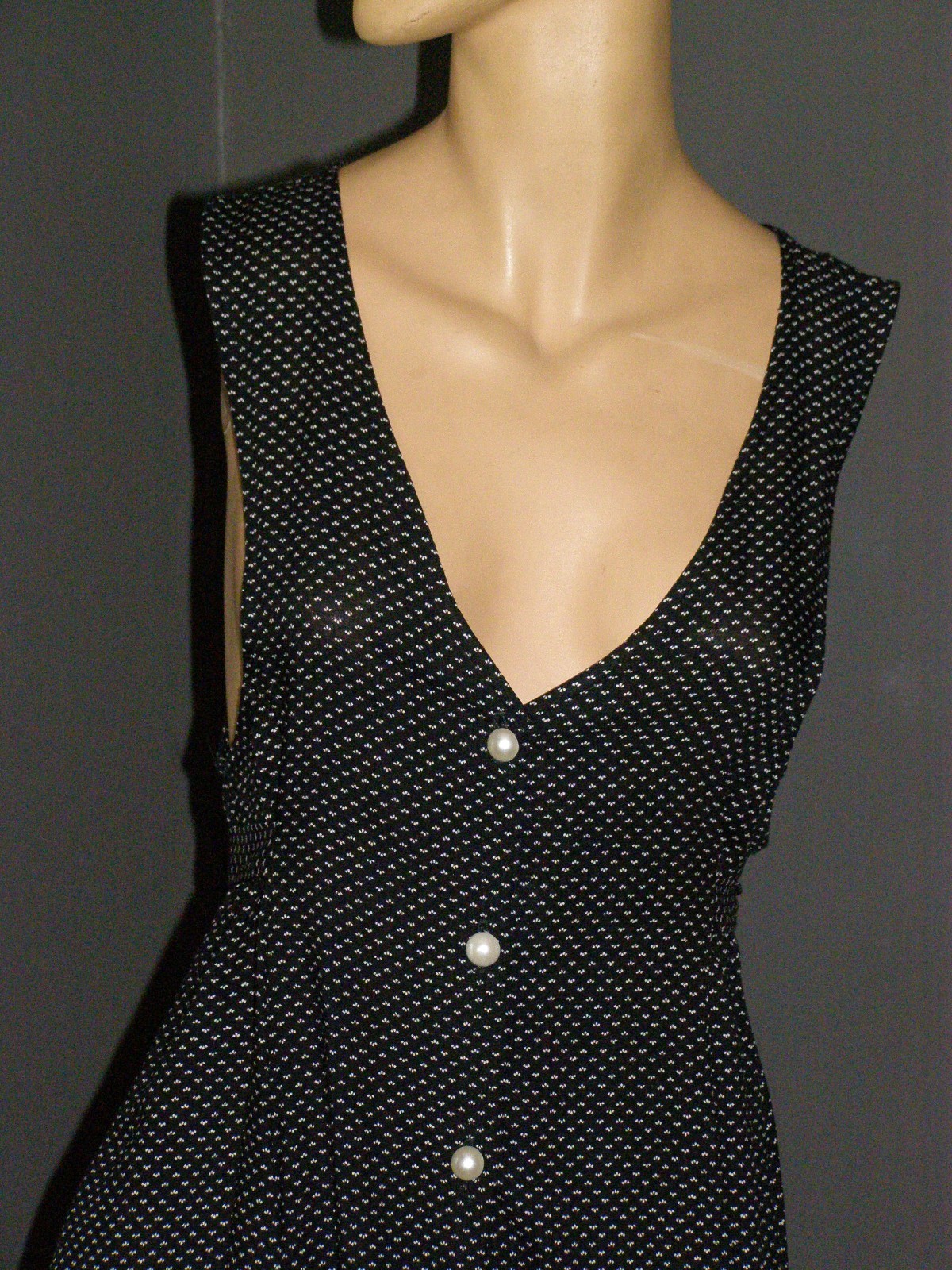Vintage 90&rsquo;s black pearl button up MINI DRESS S M tie back waist V-neck GRUNGE