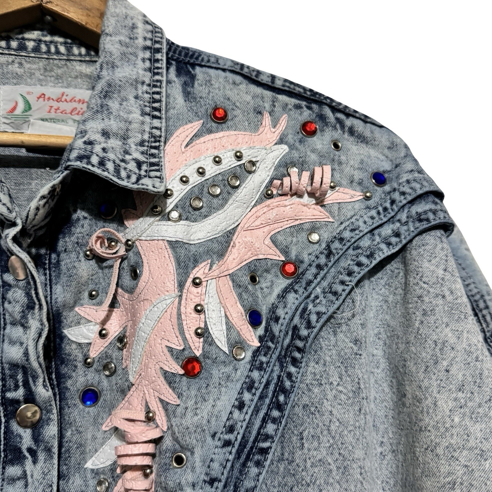 Vintage 80s Amdiano Italia Denim Acid Wash Jumpsuit size Medium pink leather gem