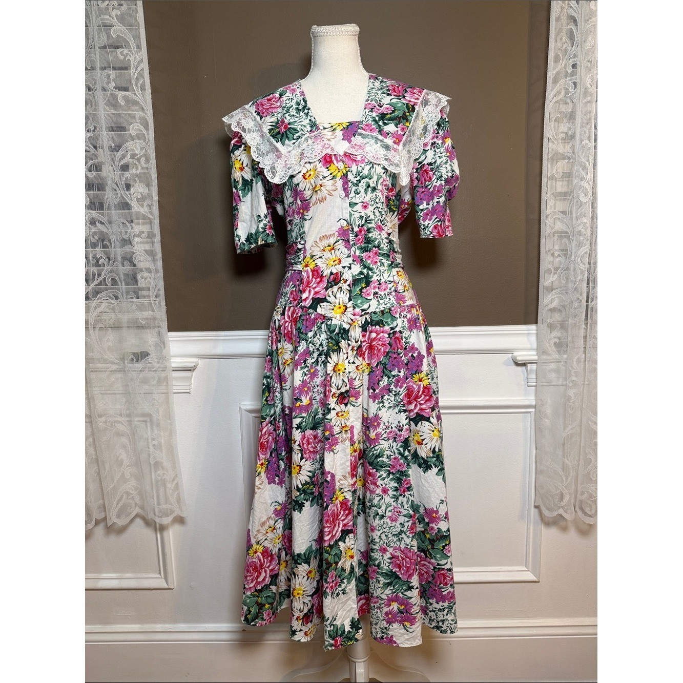 Vintage Joni Blair Floral Cotton Midi Dress Lace Sailor Collar Garden Party 9