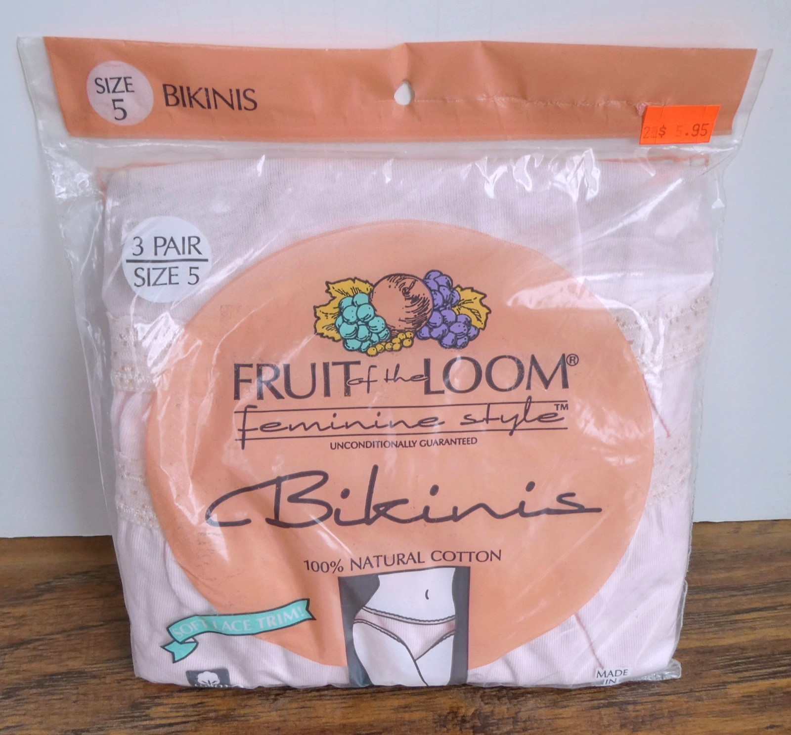 Vintage Fruit of the Loom Bikini Panties Pink NOS 3 Pair Size 5 100% Cotton Lace