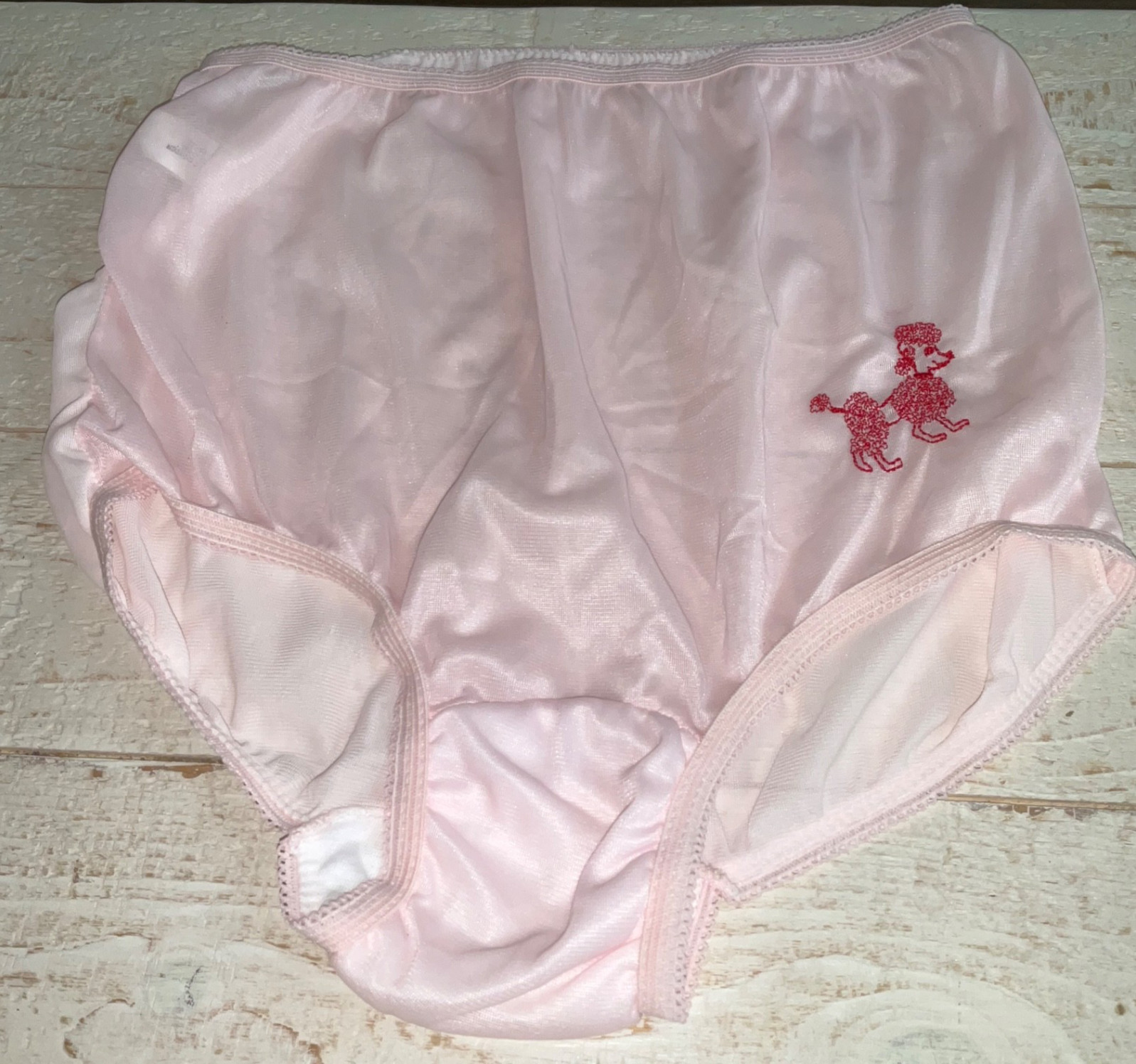 VTG Sears PINK NYLON NWOT SZ. 5 GRANNY MADE IN USA W/HAND EMBROIDERED POODLE