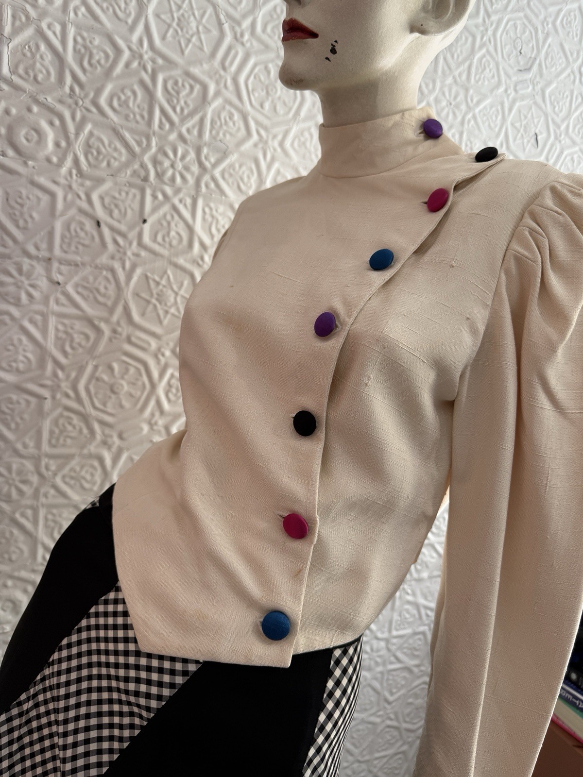 vintage 1980s silk jacket white rainbow designer cropped minimalist tailored S