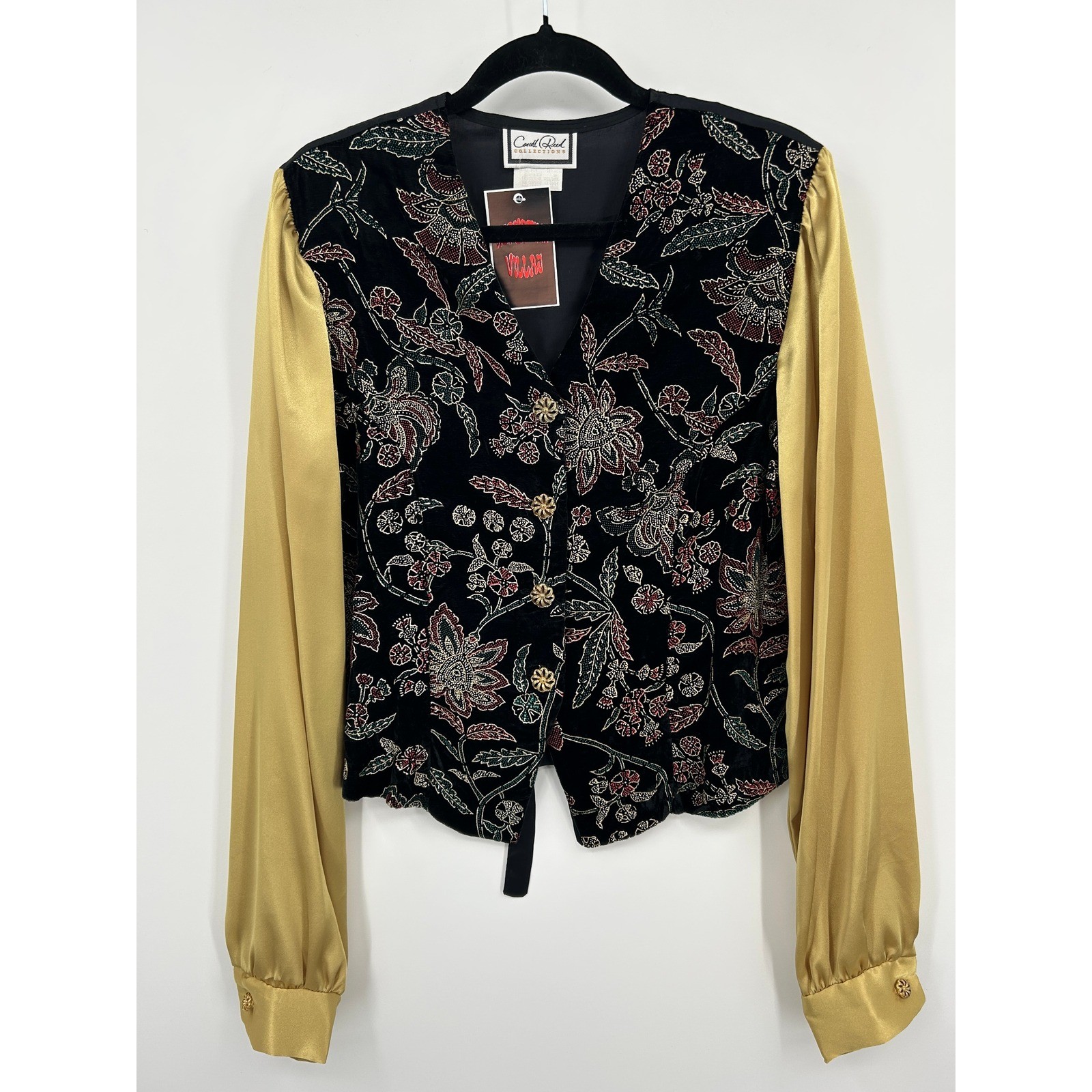 Carol Reed Collections Vintage Velvet Floral Beaded Jacket Gold Satin Sleeve 16