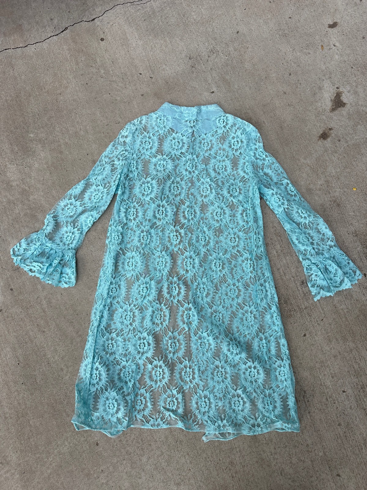vtg 1960s 60s Aqua Lace Jacket Duster Bed Jacket Sheer Robe Sz M