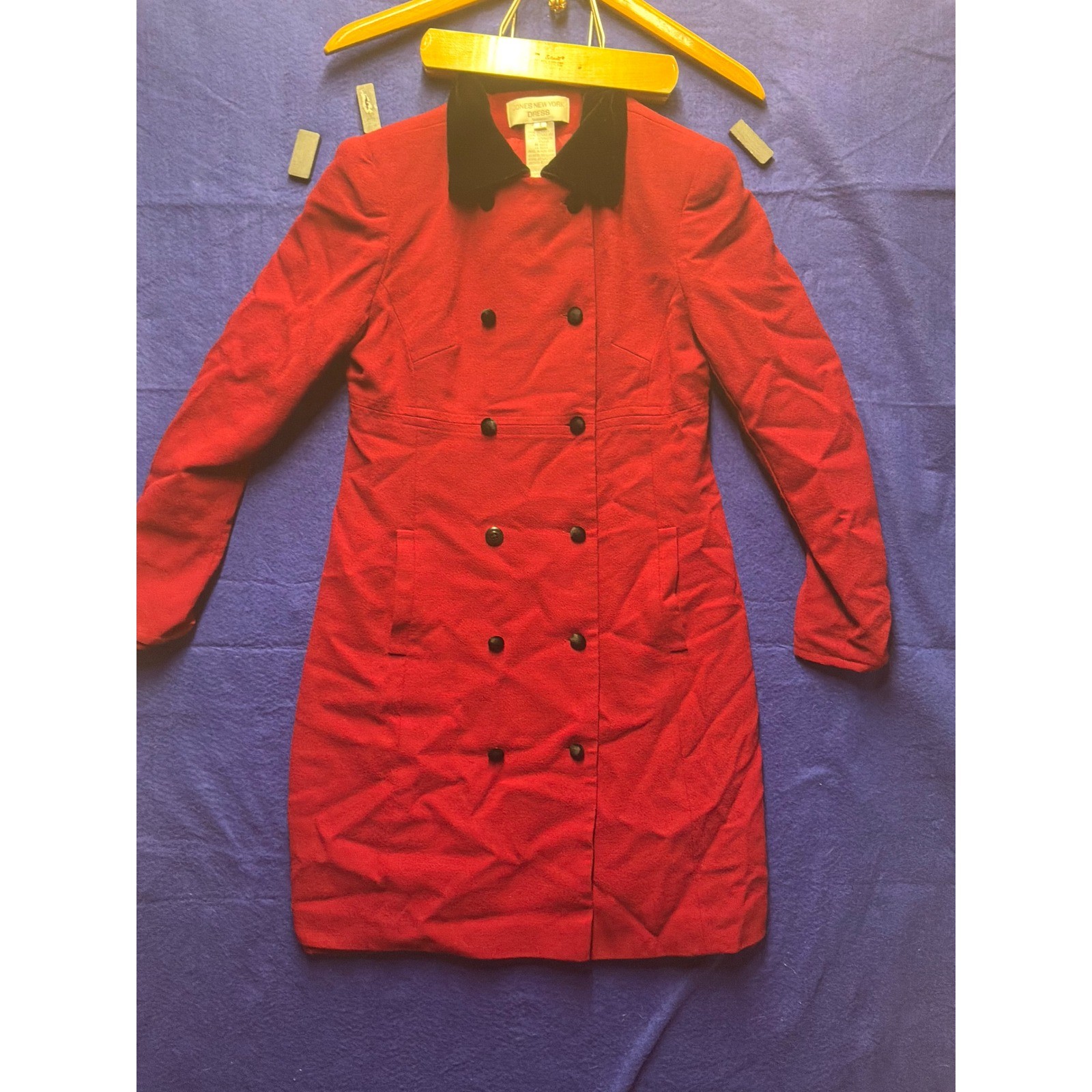 Vintage Womens Jones New York Dress Wool Coat Dress 4 Red Black Velvet Collar