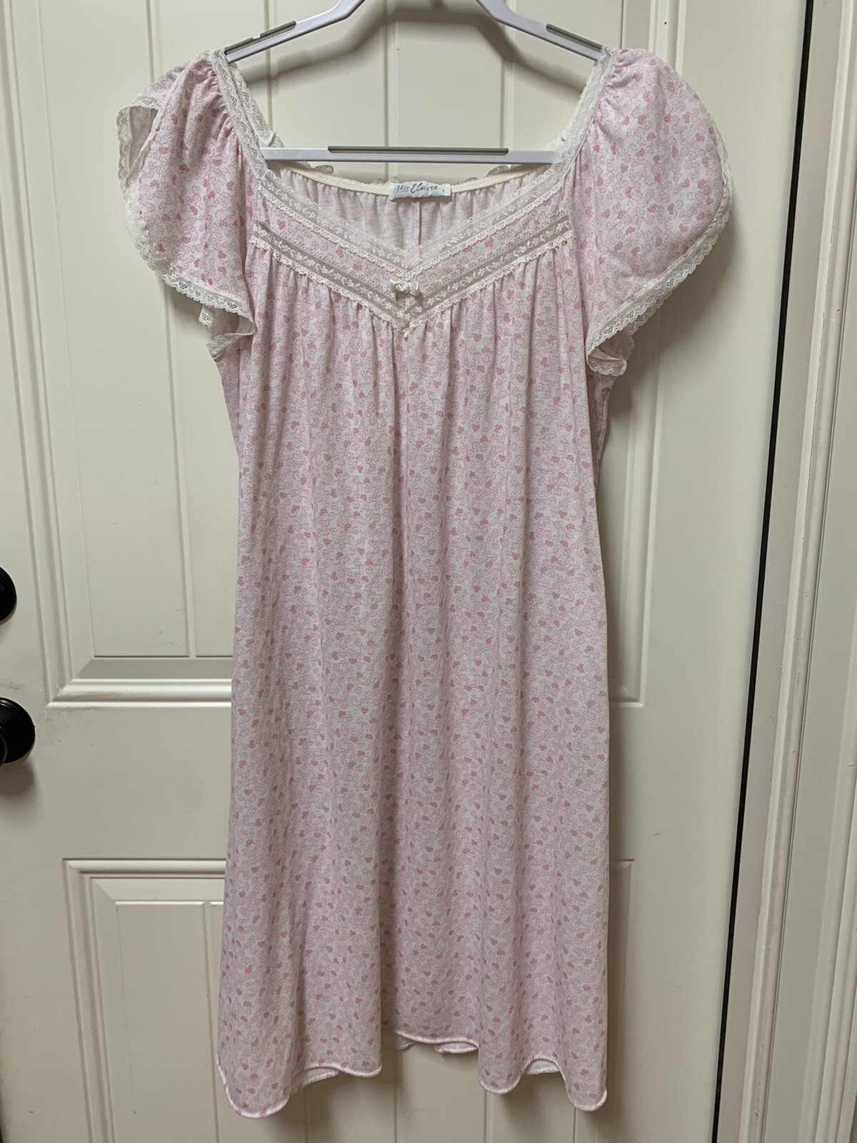 Miss Elaine Summer Nightgown Split Cap Sleeve Short Length Pink/White Sz Medium
