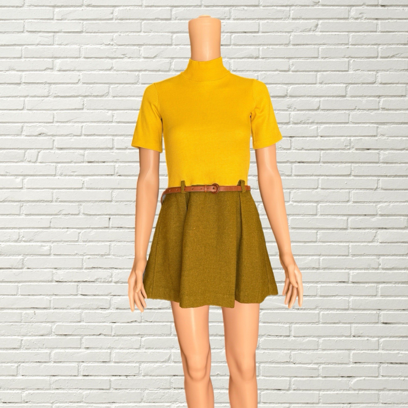 Vintage 70s Mini Dress – Yellow Brown Wool Skirt Pleated – Boho Hippie Xs/s