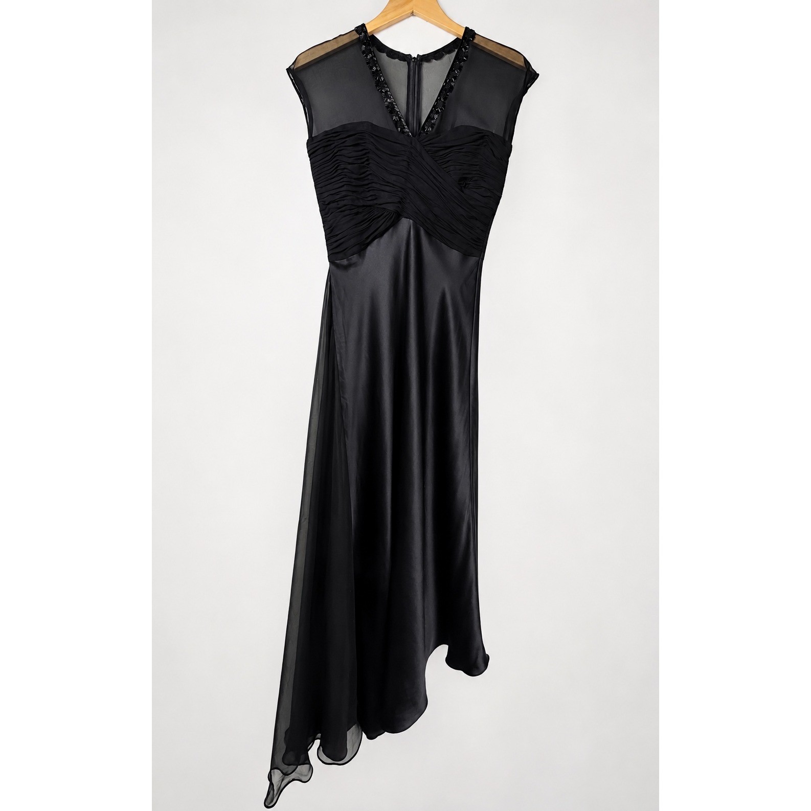 Vintage Y2K Dusk 100% Silk Black Beaded Trim Asymmetrical Hem Formal Dress 6