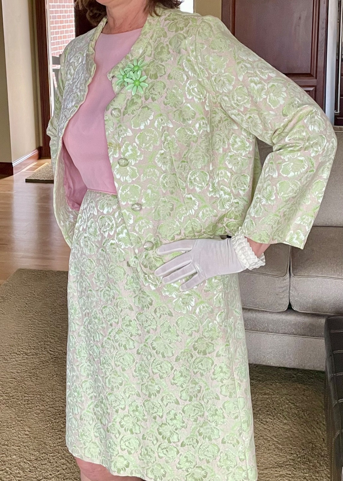 Vtg 1960s 2 Piece Jackie O&rsquo; Dress/Waist Jacket Mint Green & Pink w/ Accessories