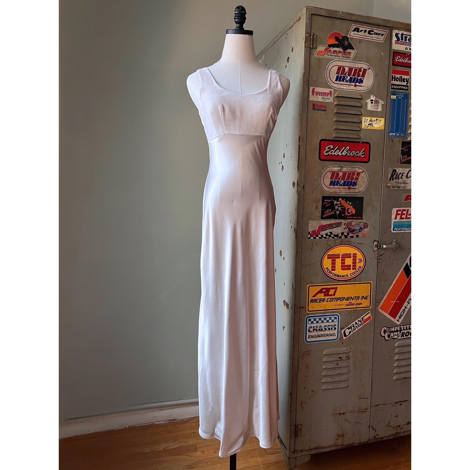 Vintage 90s Champagne Satin Slip Dress | Velvet Bust | Bridalcore gown | XS
