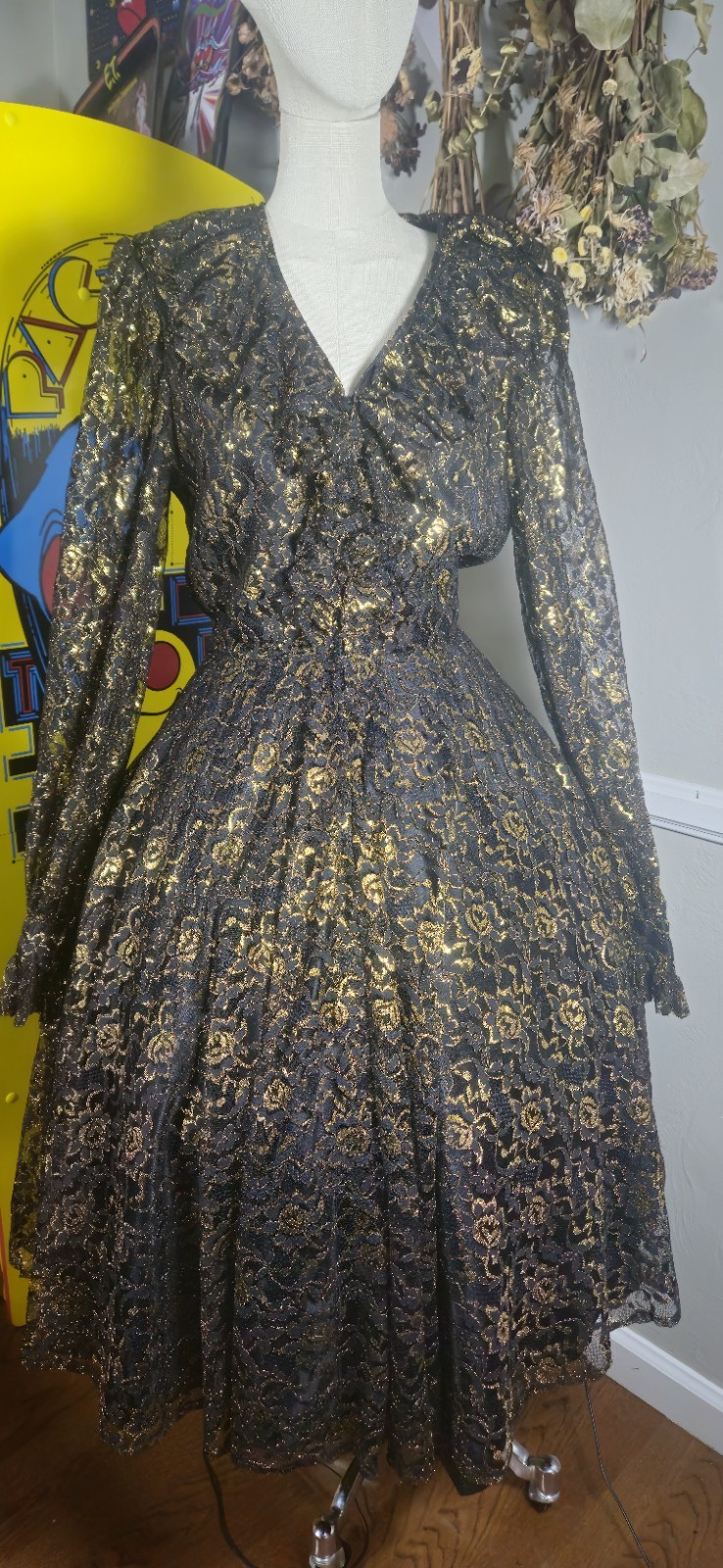 Vintage 1970s Black And Gold Party Dress With Zipper Front