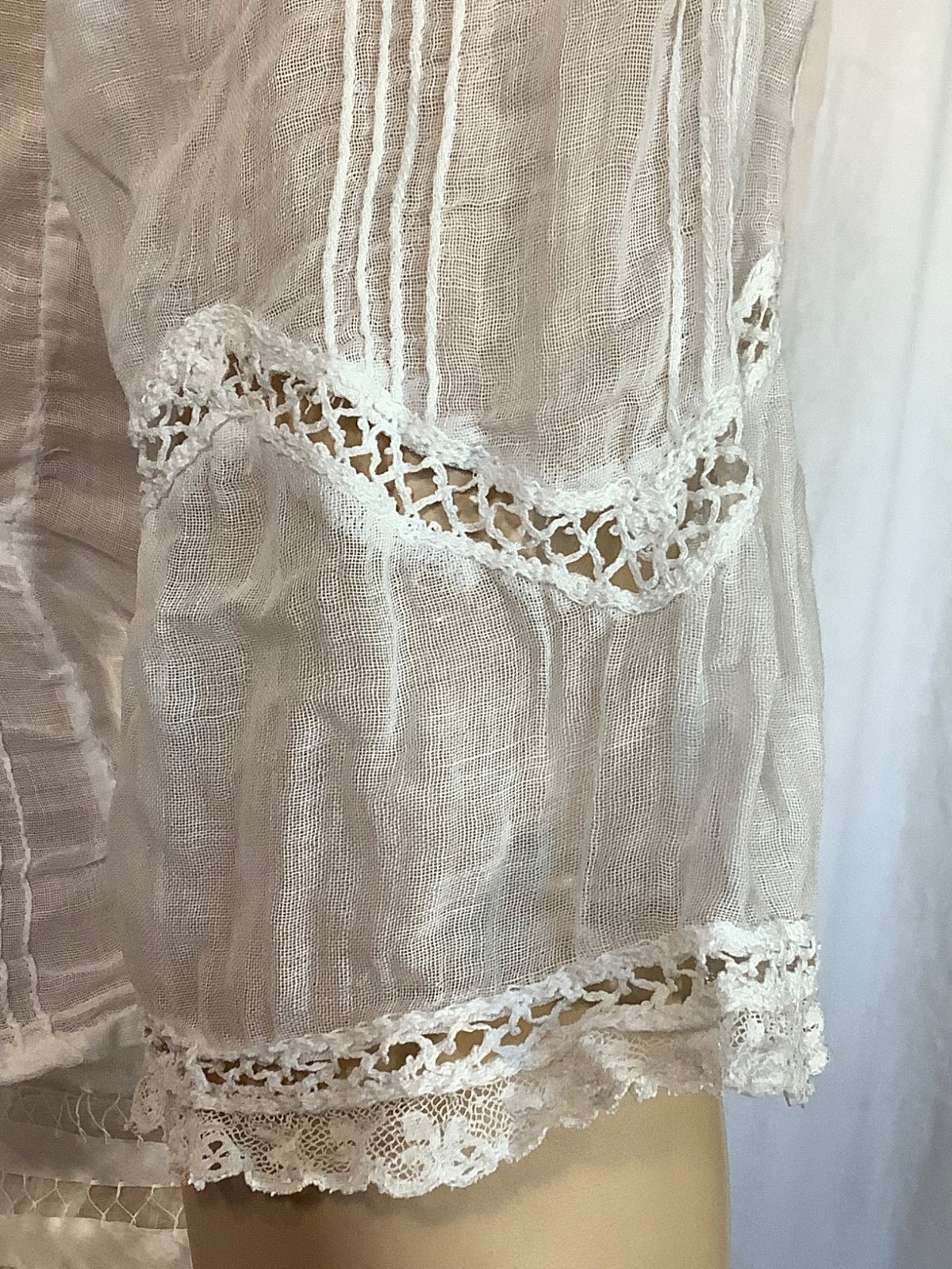 antique Edwardian blouse Top white Cotton lace M heirloom High neck 3/4 sleeve