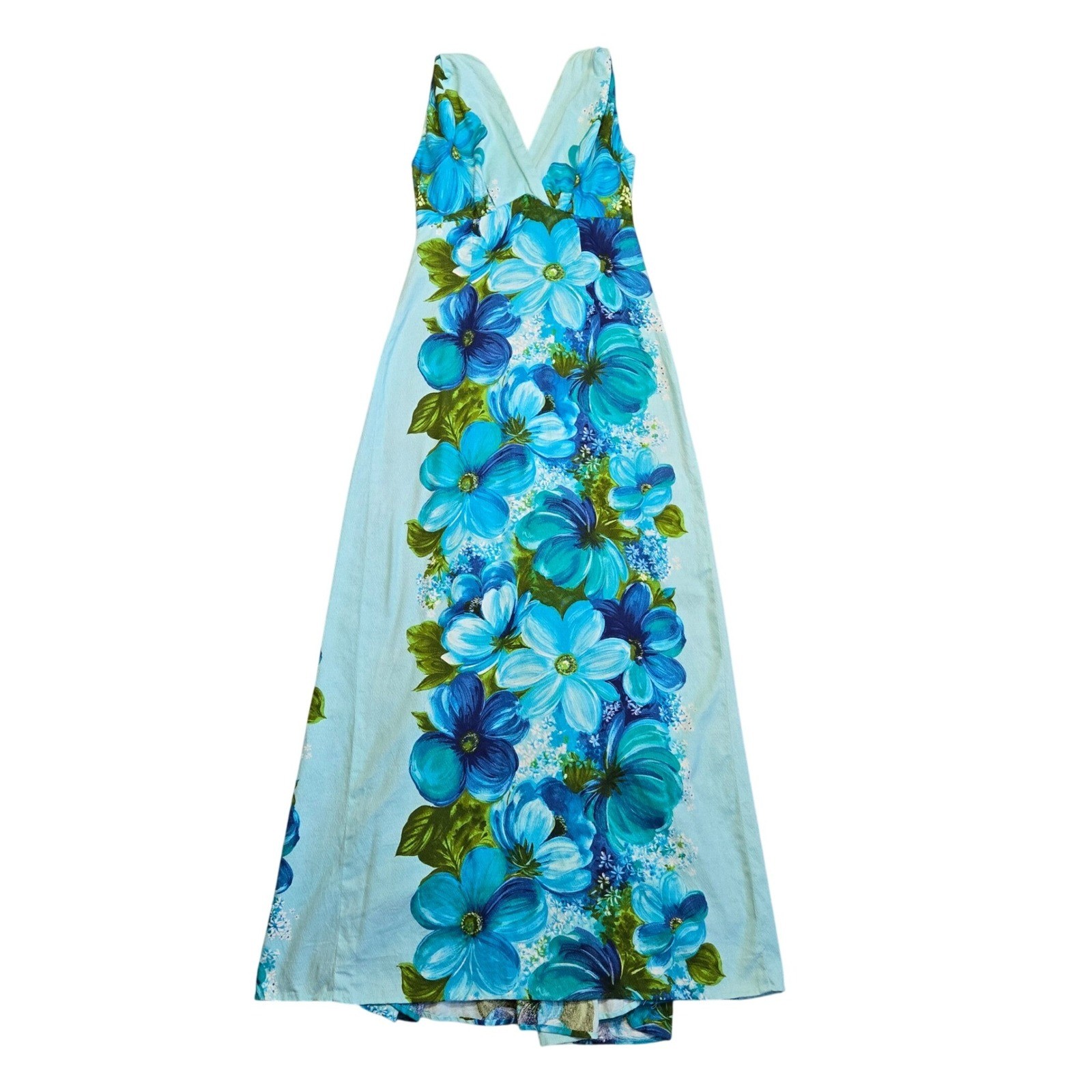 VTG 60&rsquo;s cotton blue Hawaiian print maxi dress / XS / HAWAIIAN TOGS /