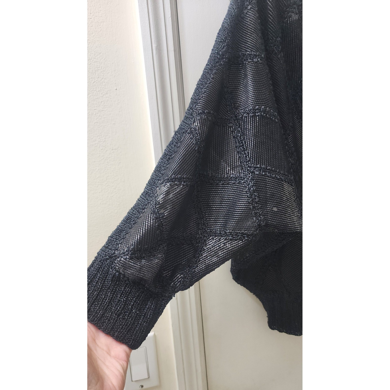 Vintage Black Diamond Knit 2 Piece Set Batwing Top Scalloped Midi Skirt L XL
