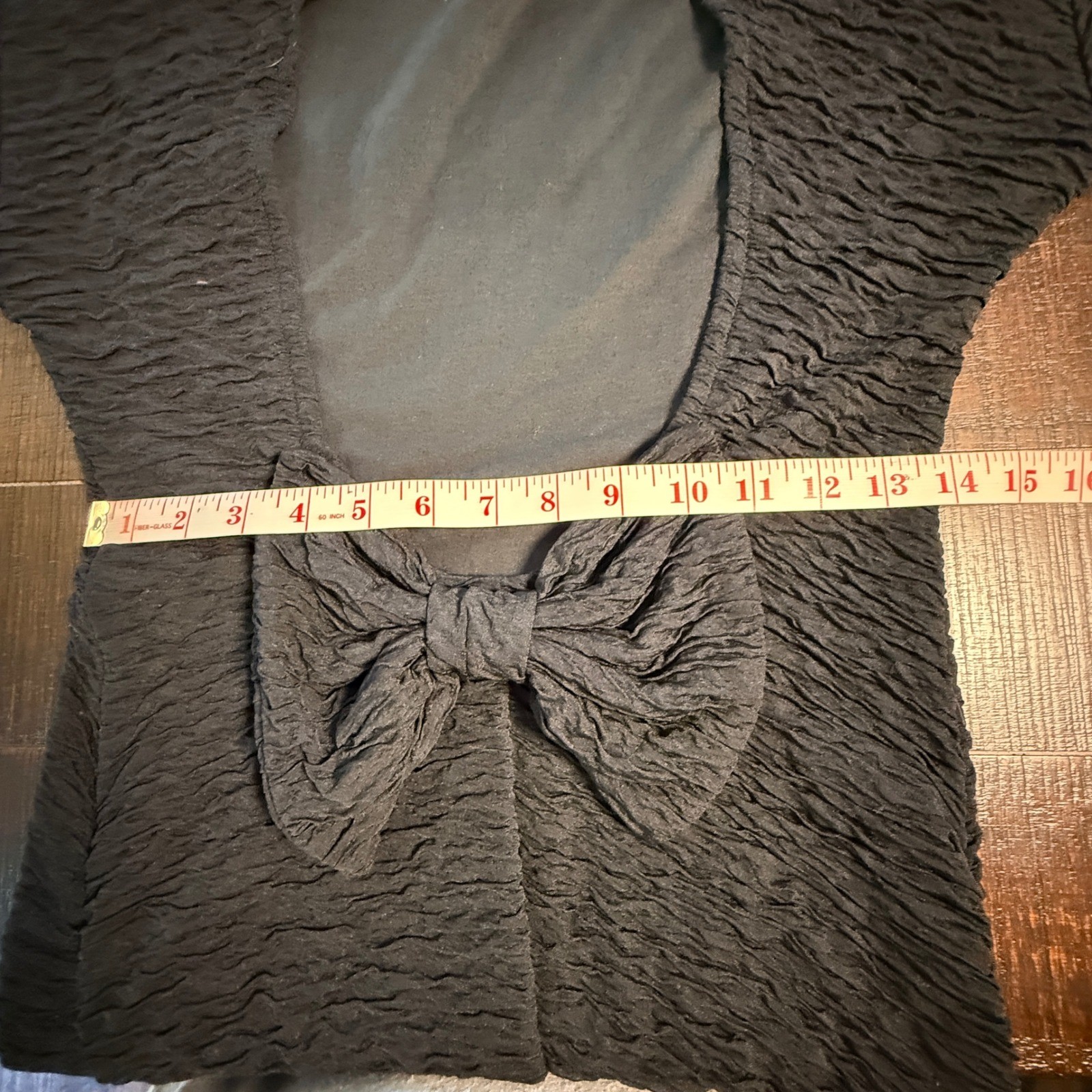 Vintage Textured Open Back Bow Midi Dress Black Made in USA 11 Shoulder Pads