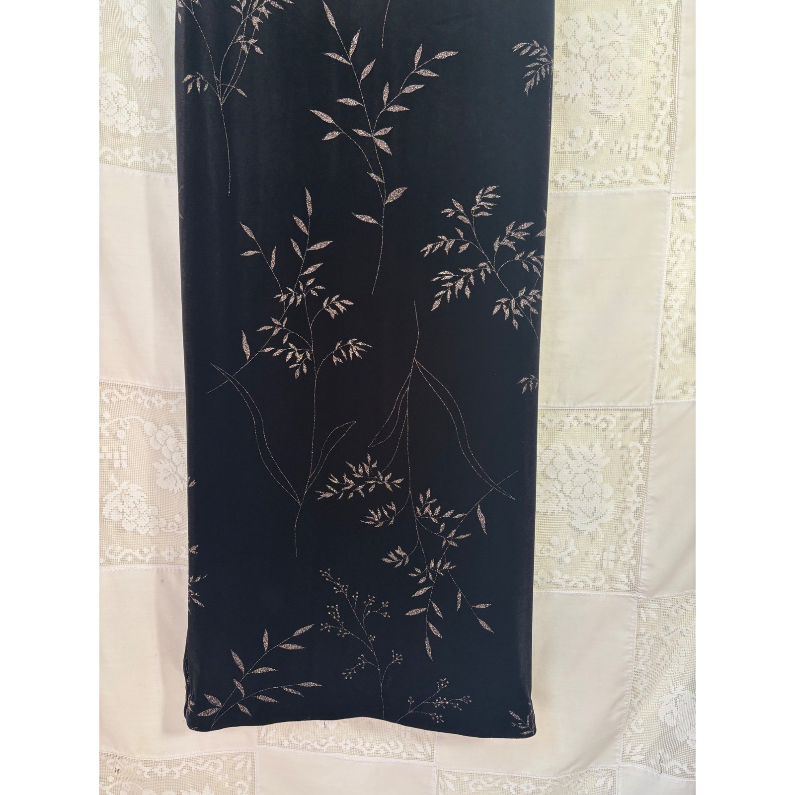 VTG Black Velvet Metallic Threaded Floral Maxi Cheongsam Dress Size S-M