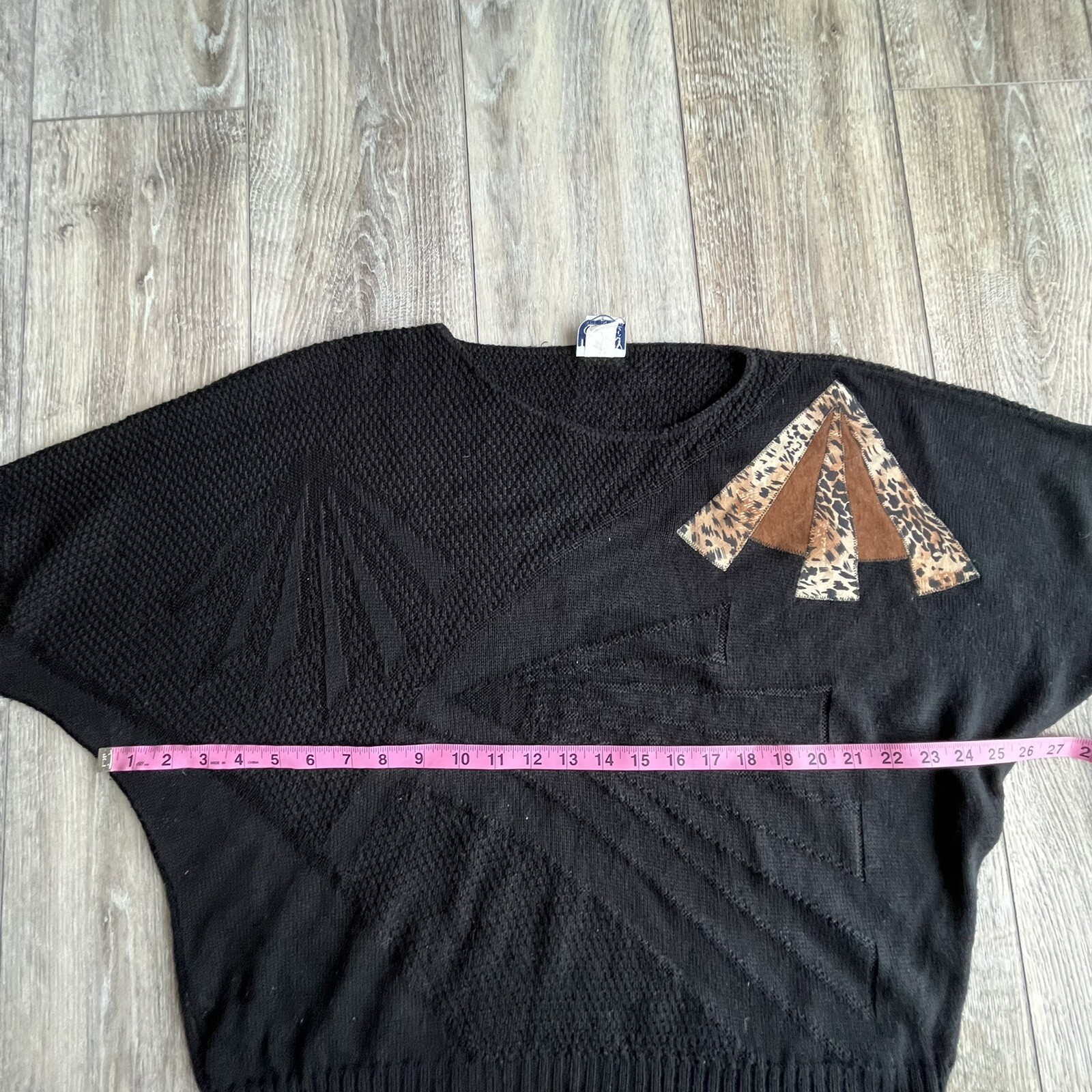 Vintage 80s Sweater Dolman Sleeve Statement Black Leopard Print Animal Large