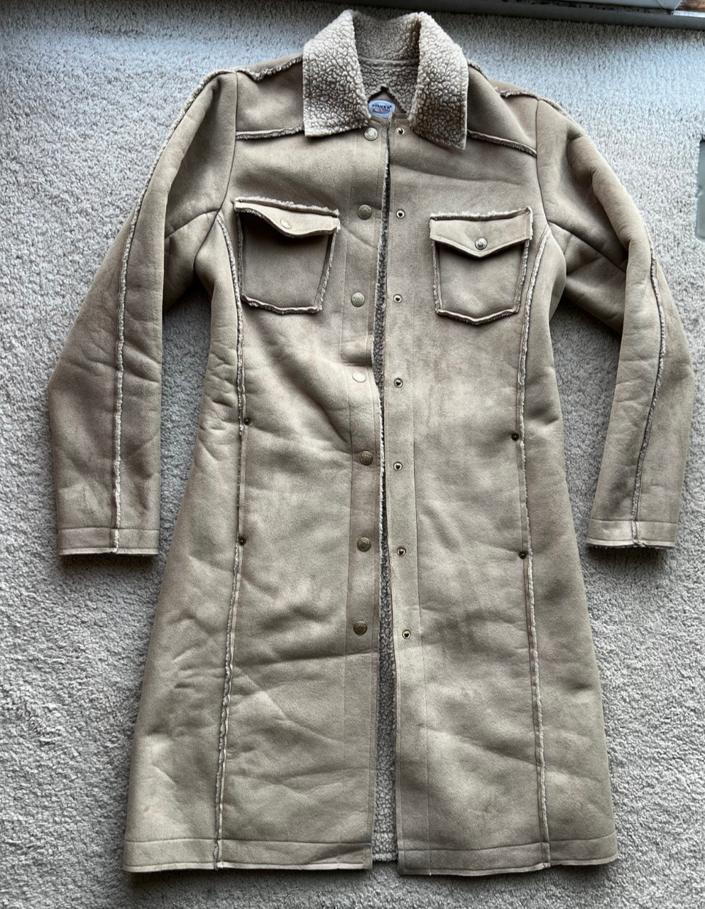 Silver Jeans Y2K Vintage Suede Long Trench Collar Coat Fur Lining Tan Beige Sz M