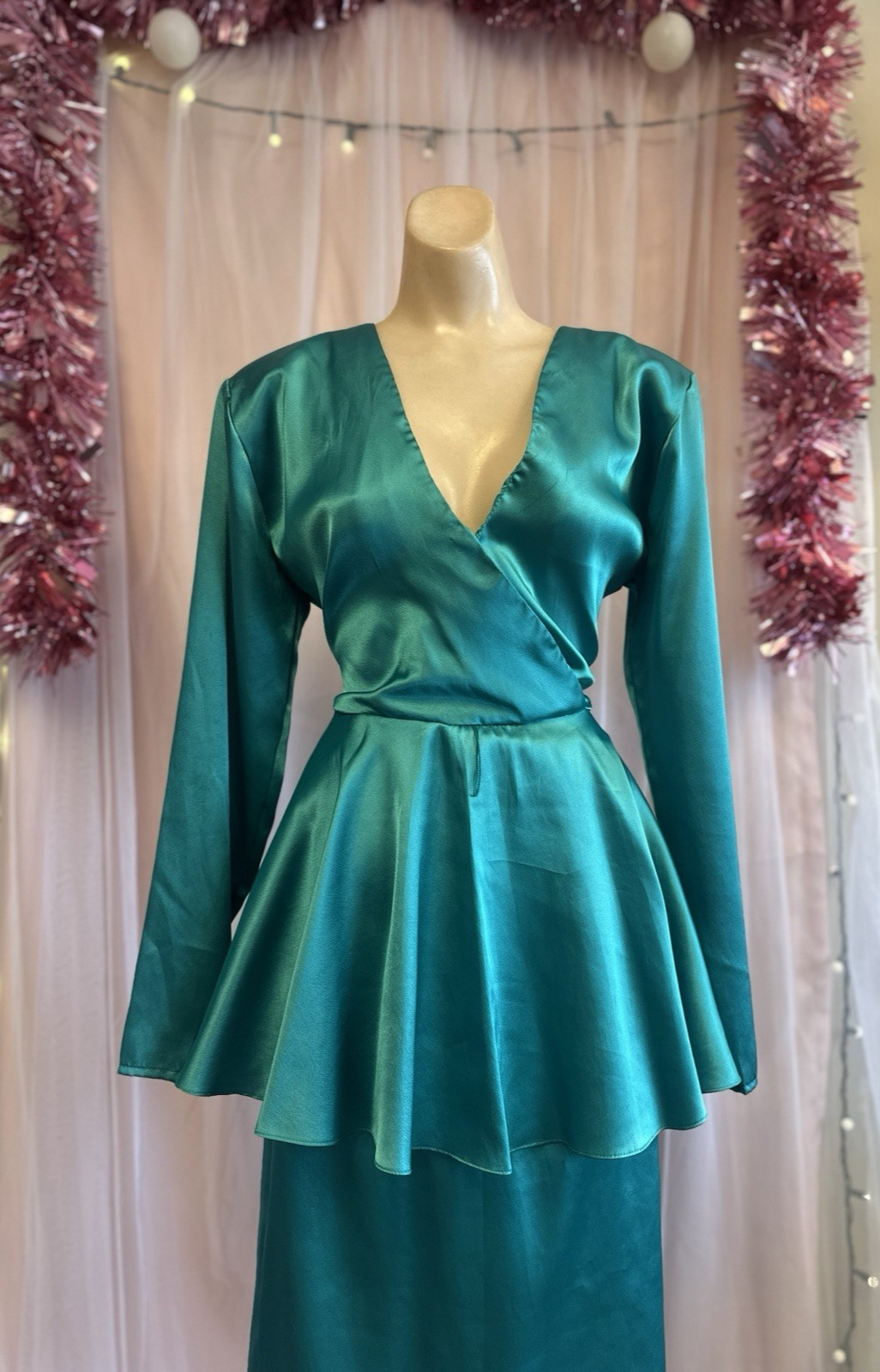 Vintage 80s Green Liquid Satin Peplum Dress New Wave V Neck Cocktail L