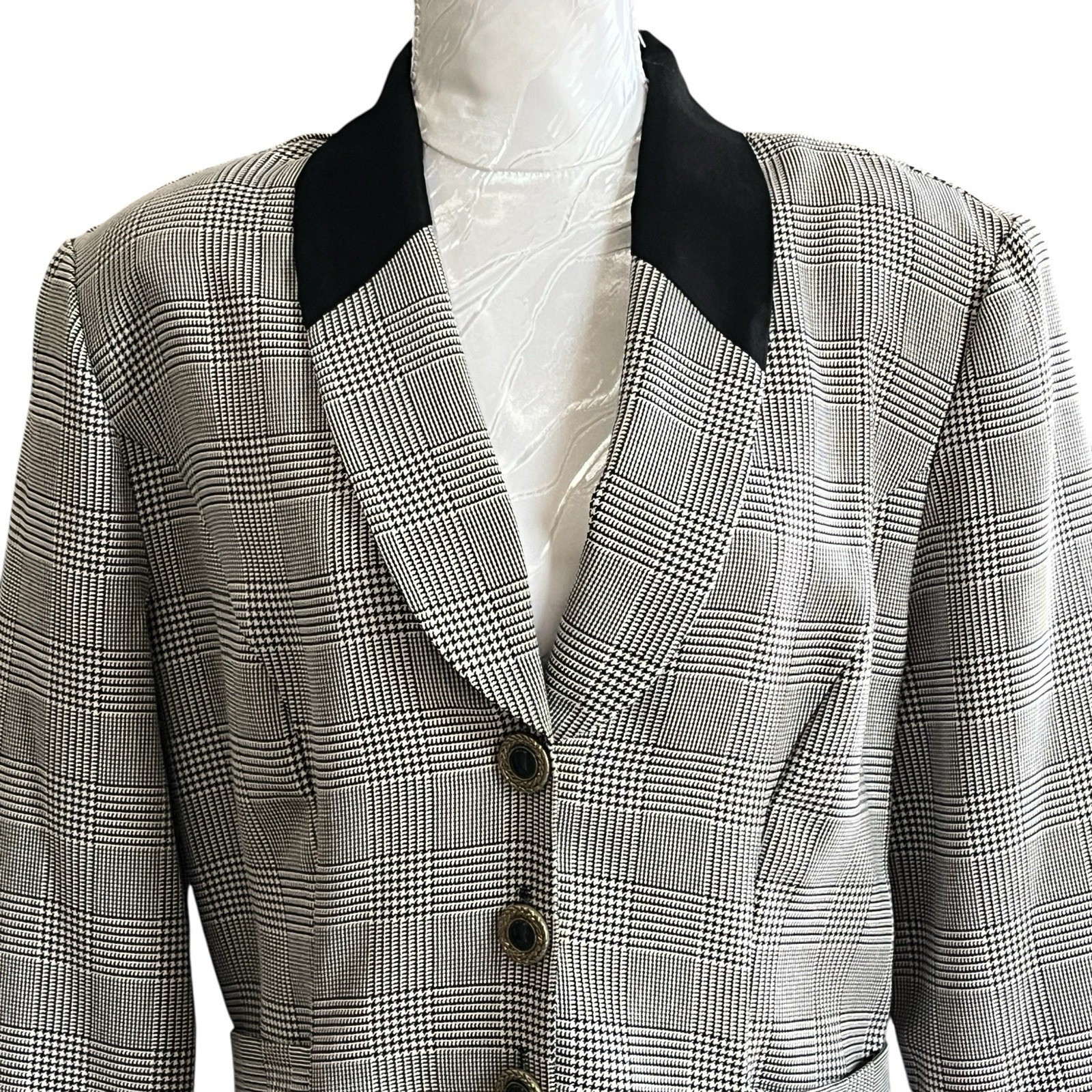 Vintage Sz 16 Classic Houndstooth Collard Shirt Dress Shoulder Pads Unlined USA